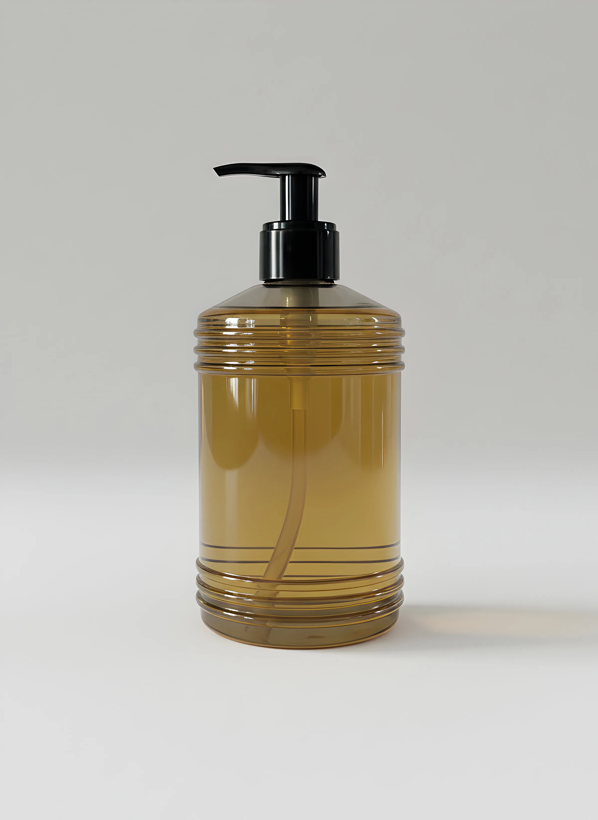 AI image of an amber glass pump bottle with ribbed bands and a black pump on a pale grey backdrop. Loewe AI Concept.
