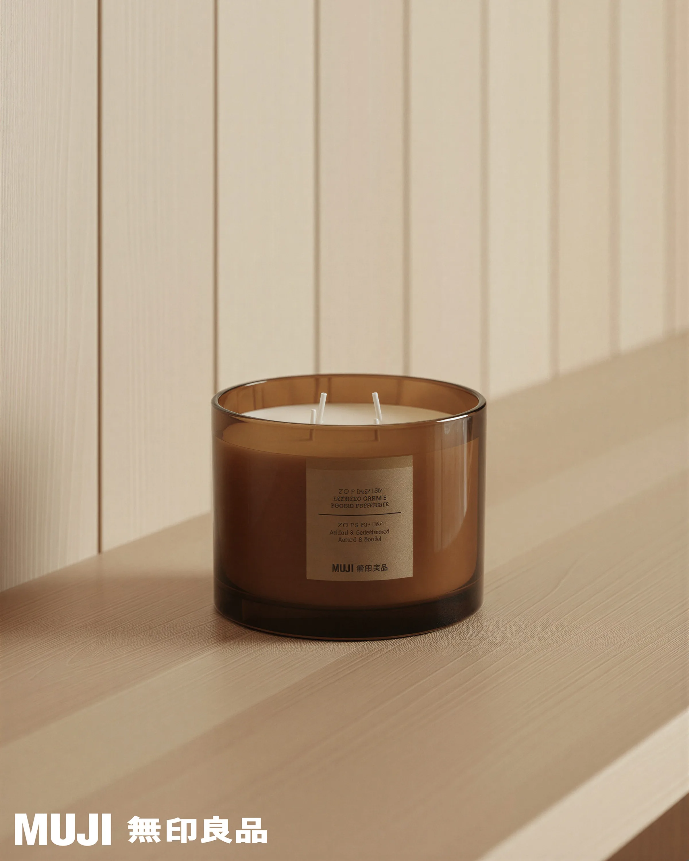 AI image of an amber glass three-wick candle on a pale wood shelf against vertical panelling. MUJI AI Concept.