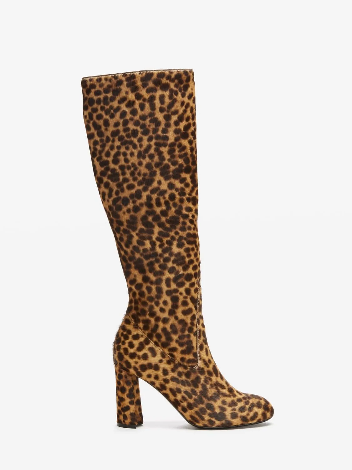 Leopard print calf hair knee-high boot with block heel, side view on white background, for Co Collections.