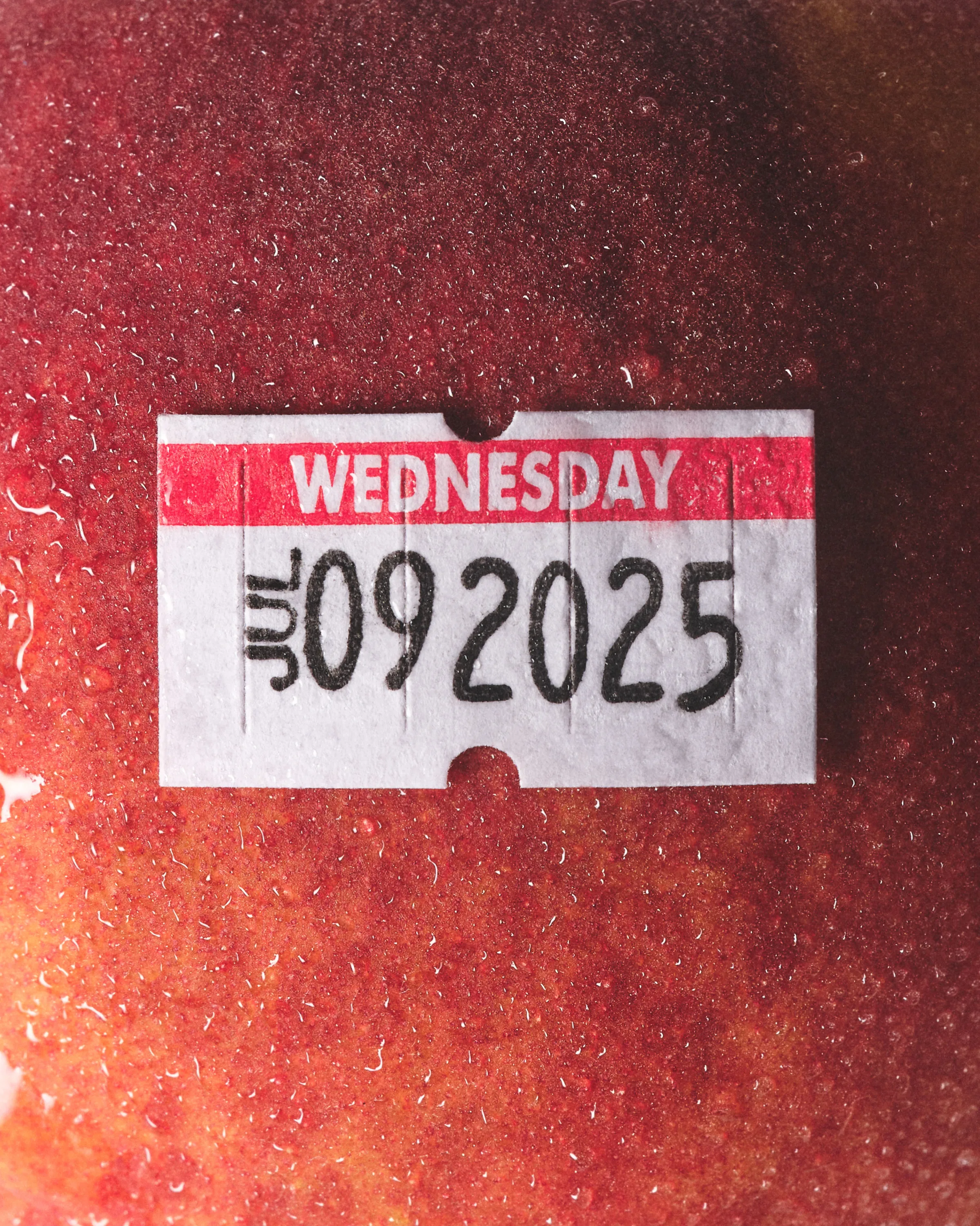 Close-up of a Wednesday July 09 2025 price label on a dewy red peach skin with water droplets, for Kylie Cosmetics.