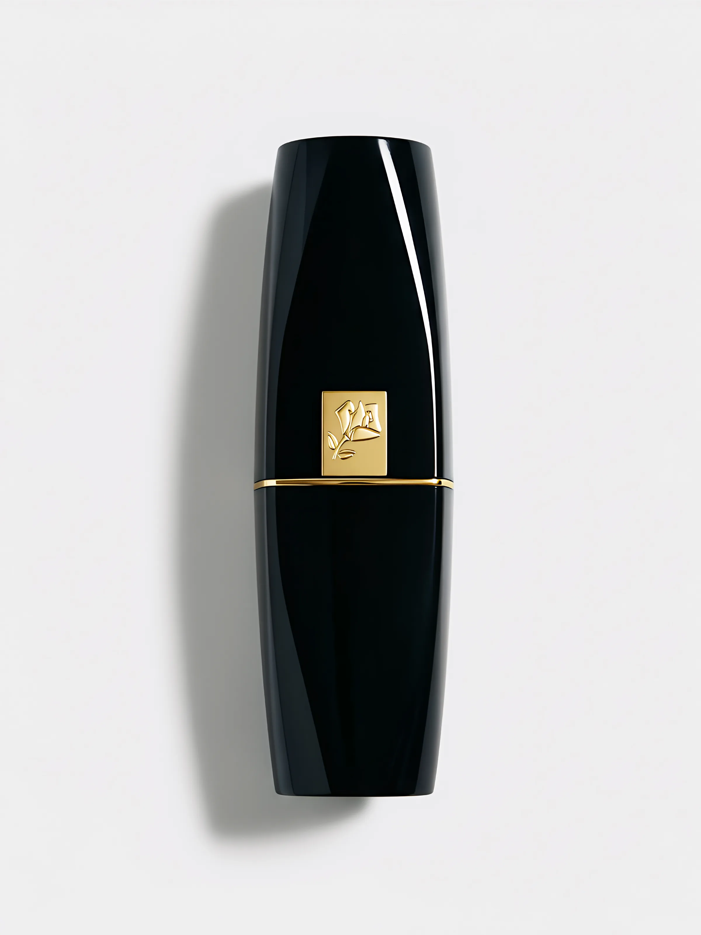 AI image of a glossy black lipstick case with a gold rose emblem and gold band on a white background. Lancôme AI Concept.