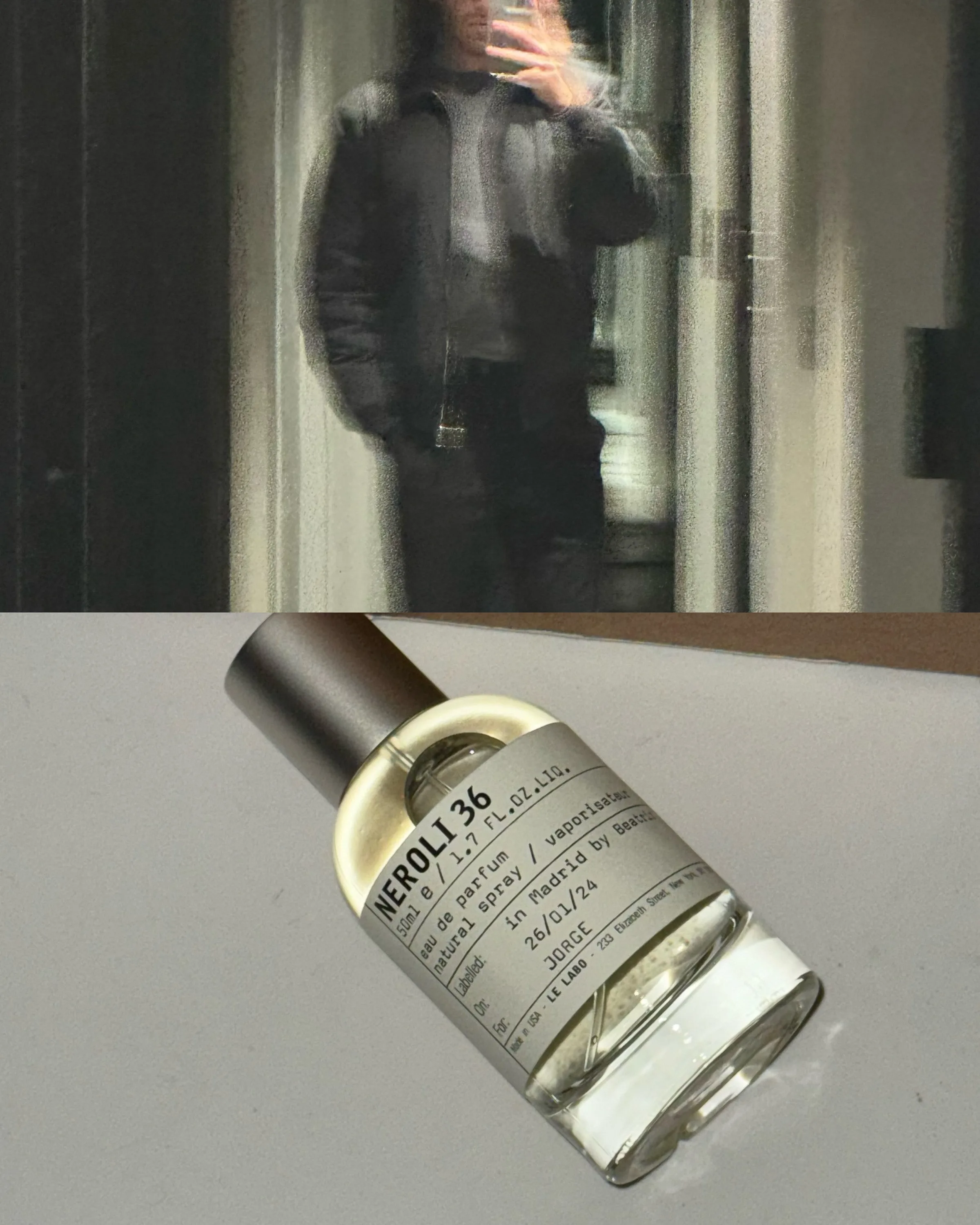 Phone-style collage of a blurry mirror selfie in a dark jacket above a Neroli 36 perfume bottle on a white surface, for Le Labo.