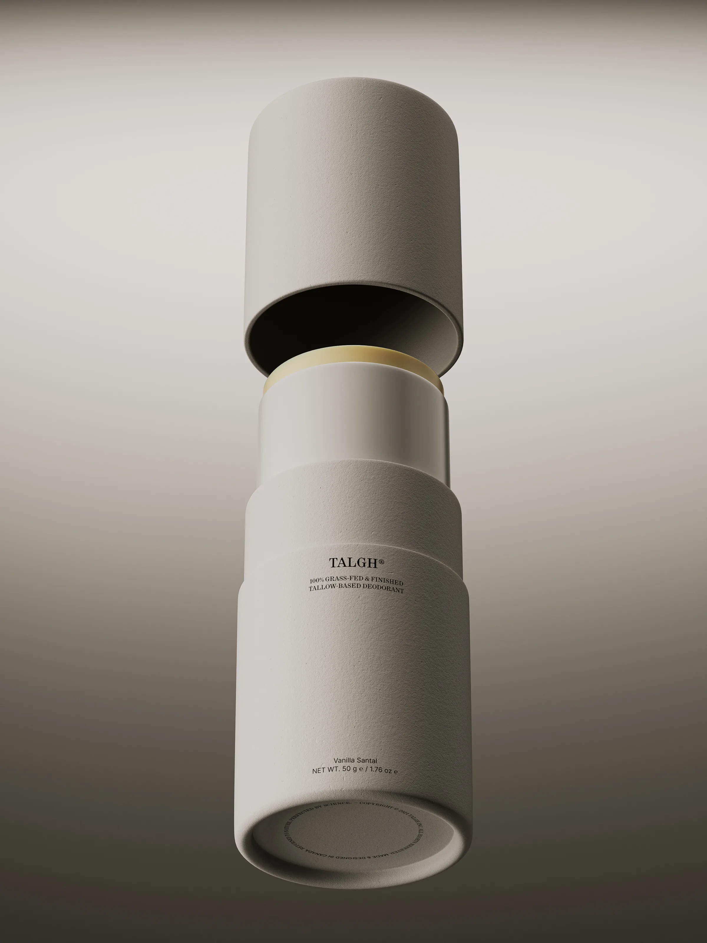 CGI render of a white paper deodorant tube with its cap lifted, floating against a grey gradient, for Talgh.