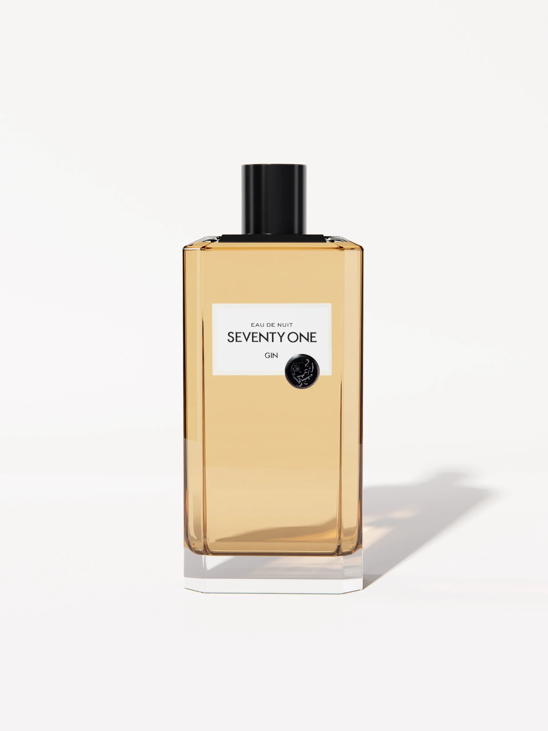 CGI render of an amber Eau de Nuit gin bottle with black cap and white label on a white background, for Seventy One Gin.