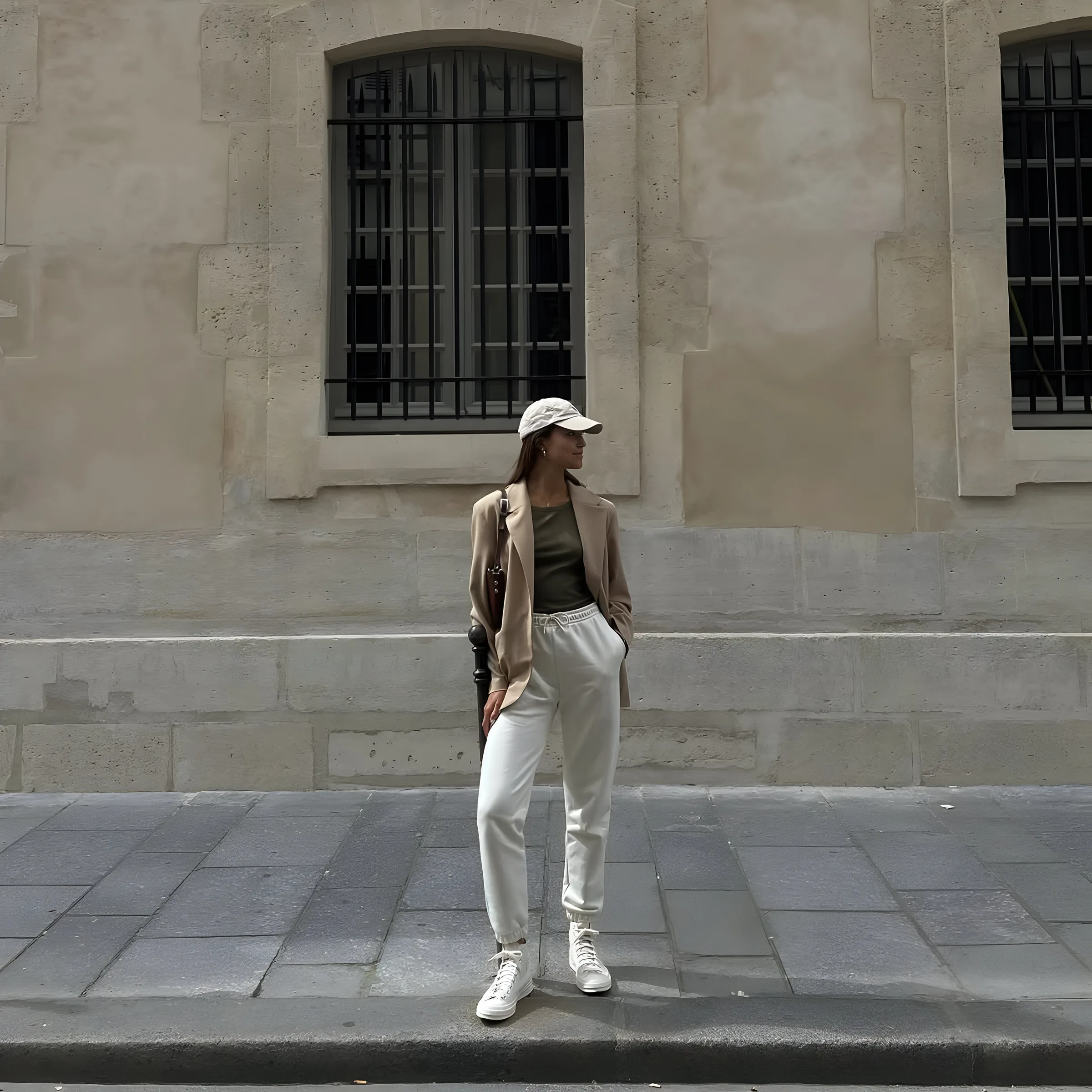 Woman in a cap, beige blazer, olive top and white joggers standing by a stone building on a city sidewalk.