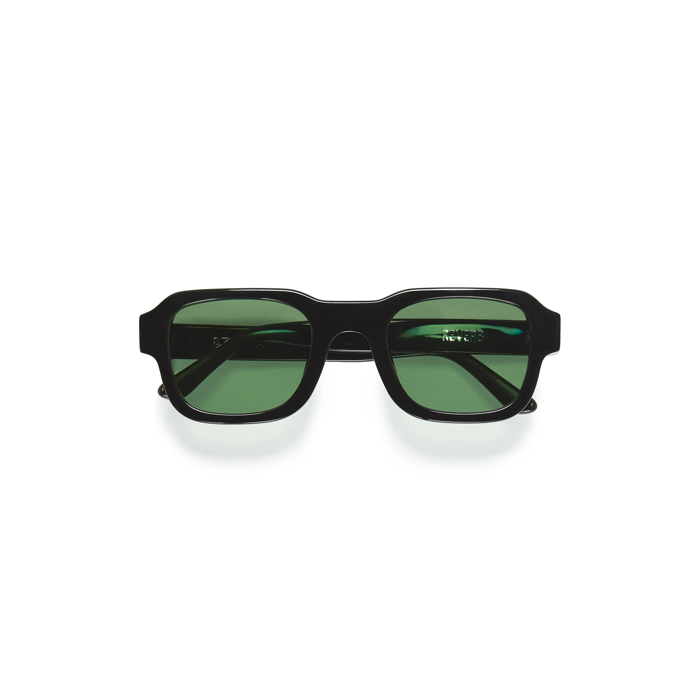 Black square-frame sunglasses with green lenses, folded on a white background, for Strata.
