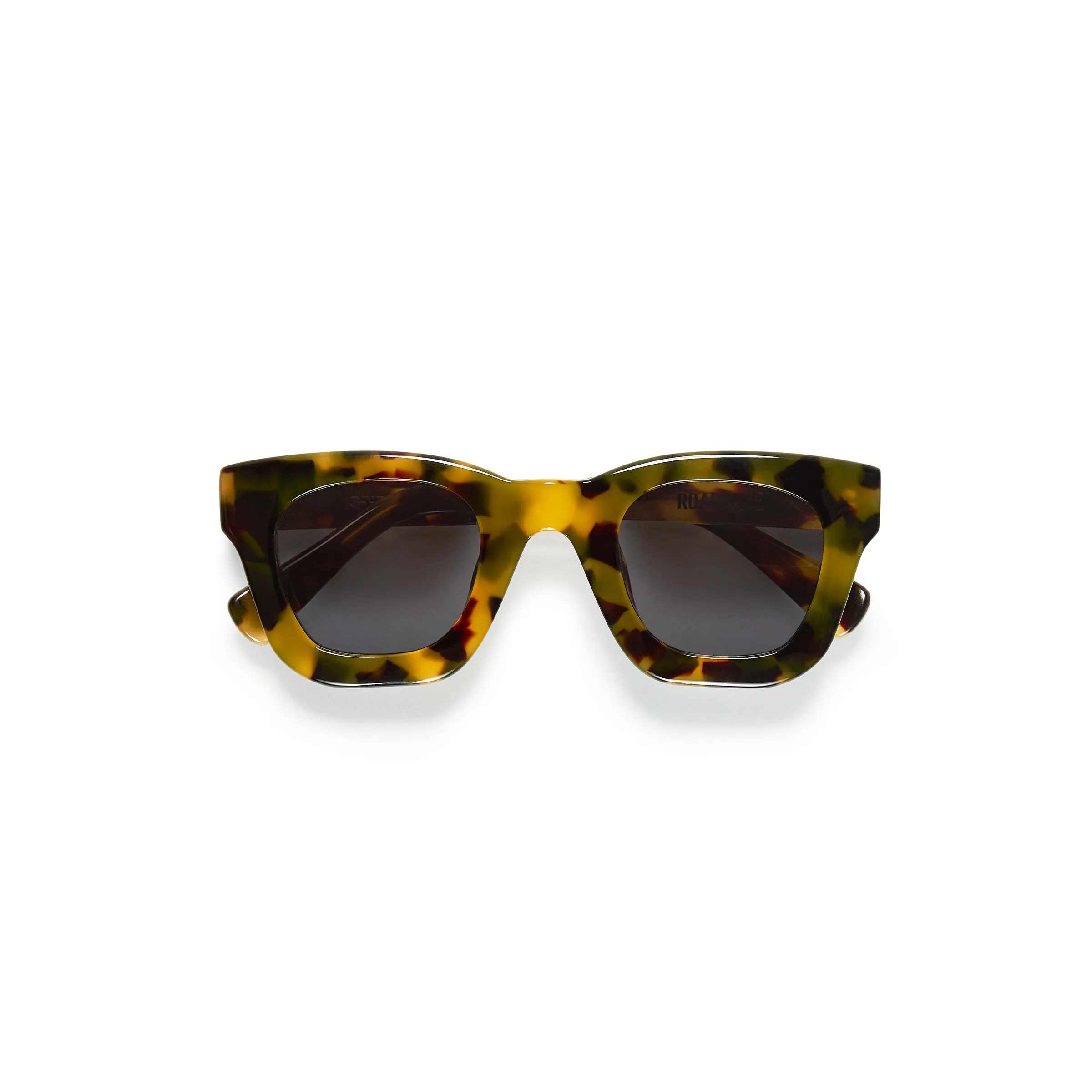 Leopard tortoiseshell acetate sunglasses with smoke grey lenses, folded on a white background, for Strata.