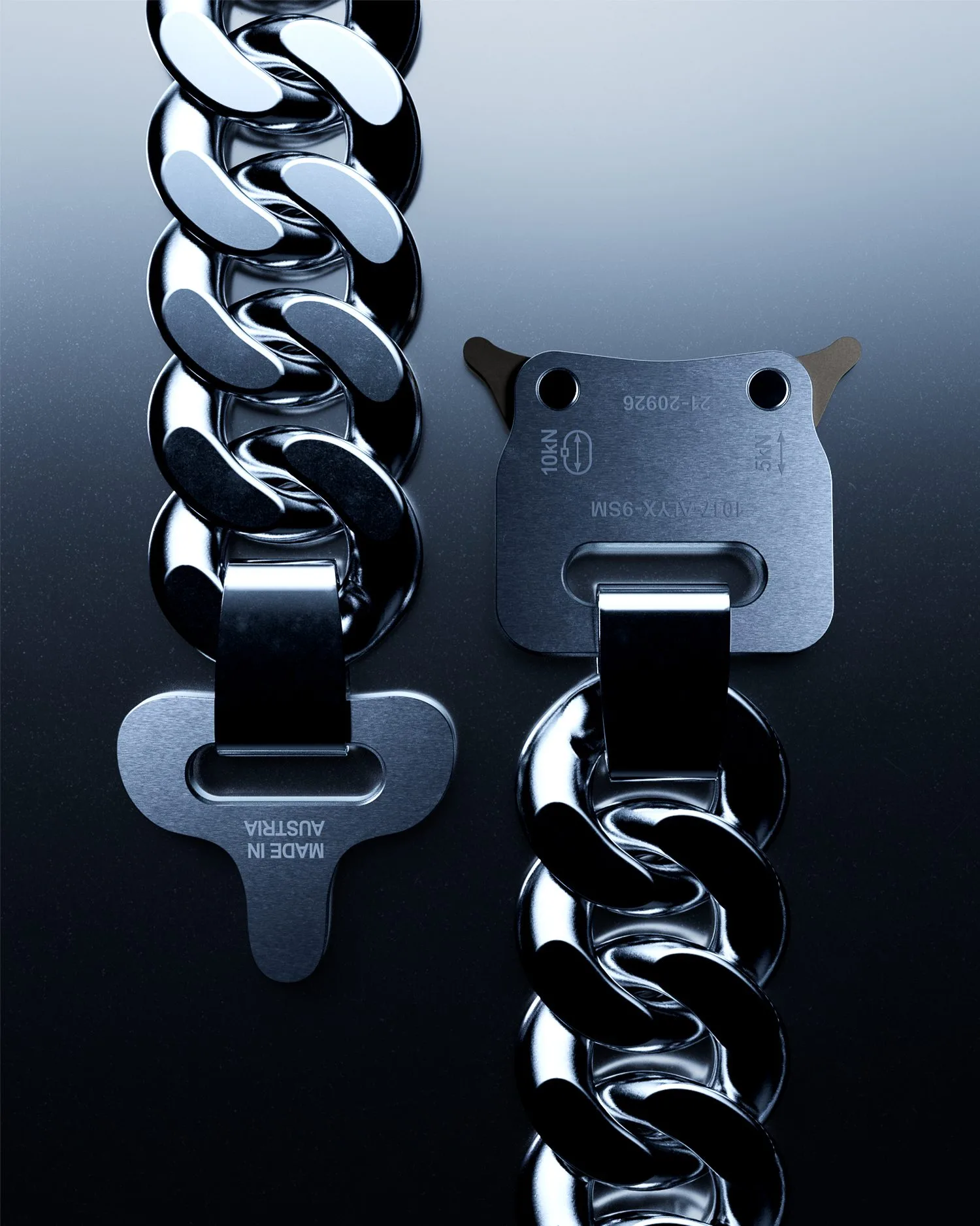 CGI render of a chrome Cuban link chain with a brushed steel rollercoaster buckle on a dark gradient, for 1017 ALYX 9SM.