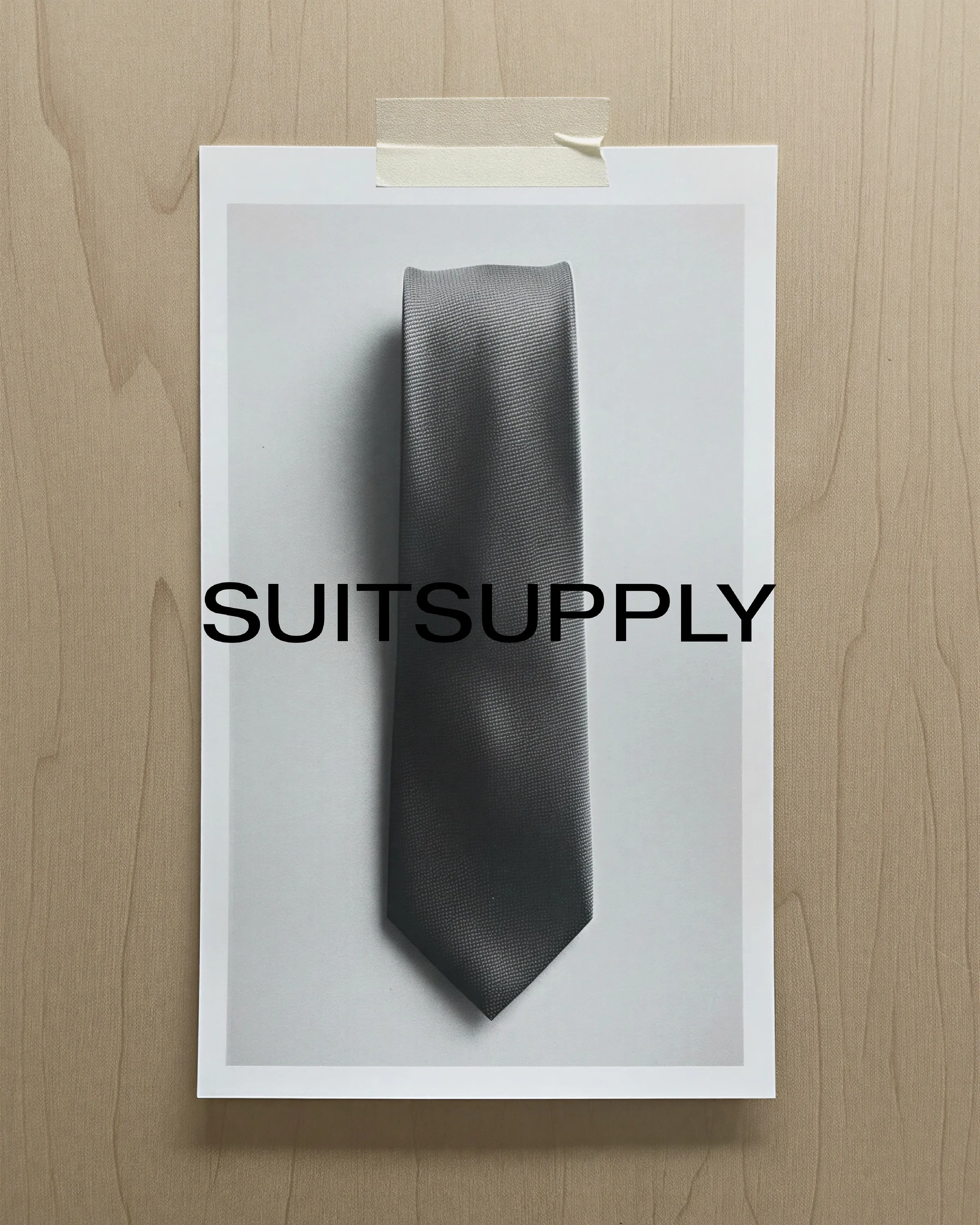 AI image of a grey silk tie printed on paper and taped to a light wood wall, with the Suitsupply wordmark. Suitsupply AI Concept.