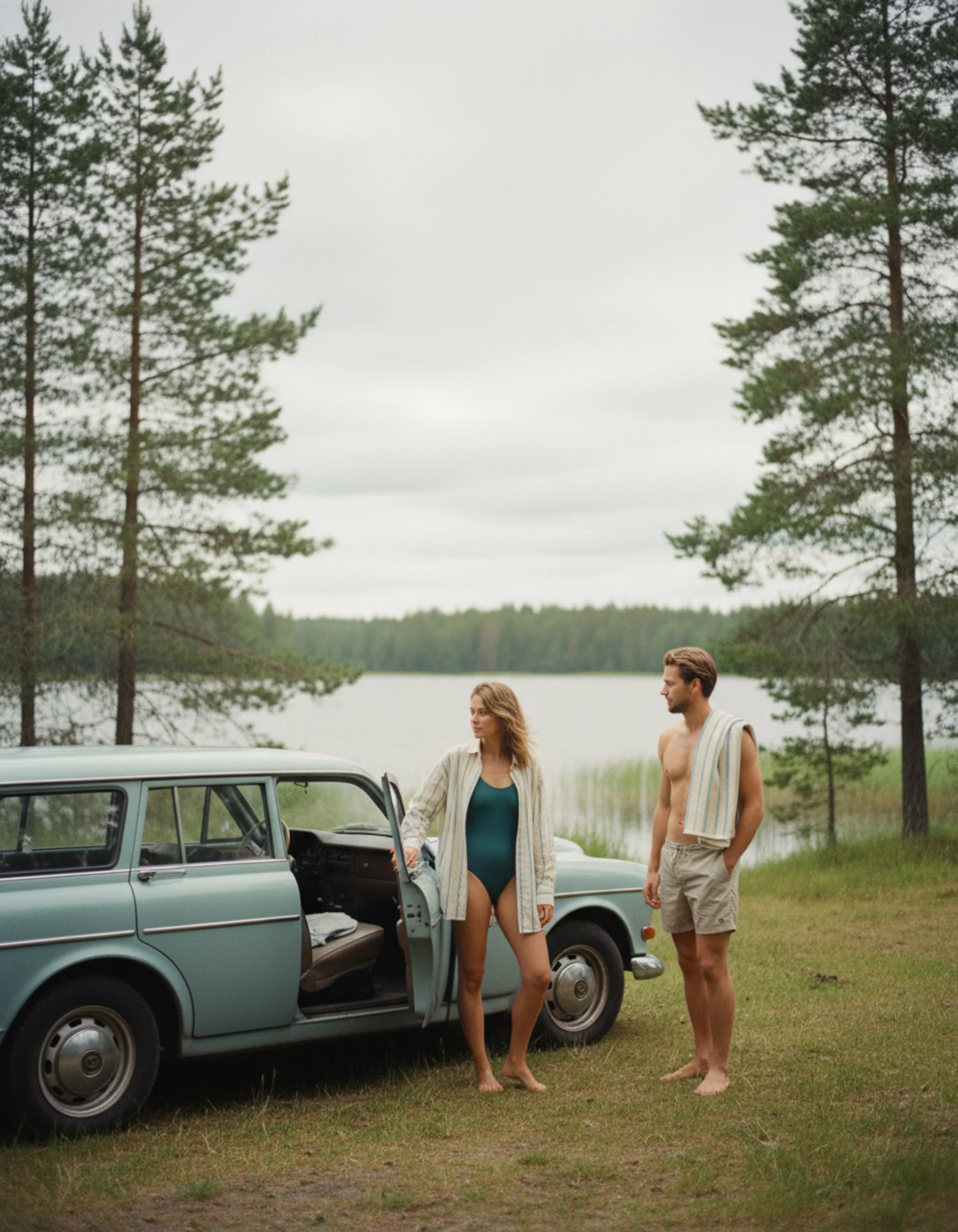 AI image of a couple in swimwear and towels beside a vintage pale green car at a pine-lined lake. Tekla AI Concept.