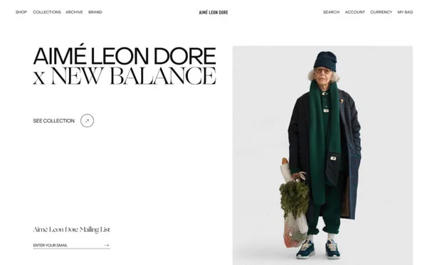 Website homepage for the New Balance collaboration with an older model in green scarf holding a net grocery bag, for Aimé Leon Dore.