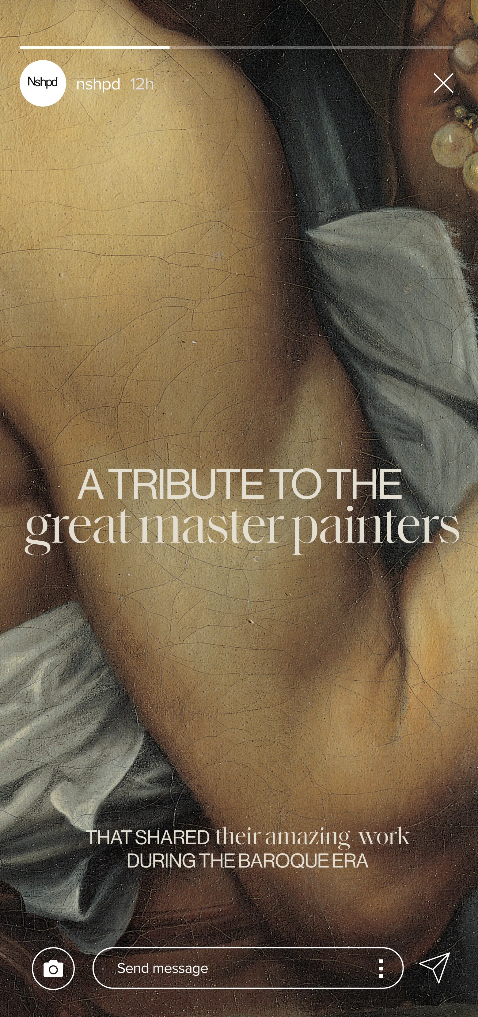 Instagram story with a close-up of a Baroque oil painting and text reading A Tribute to the Great Master Painters, for Nshpd.