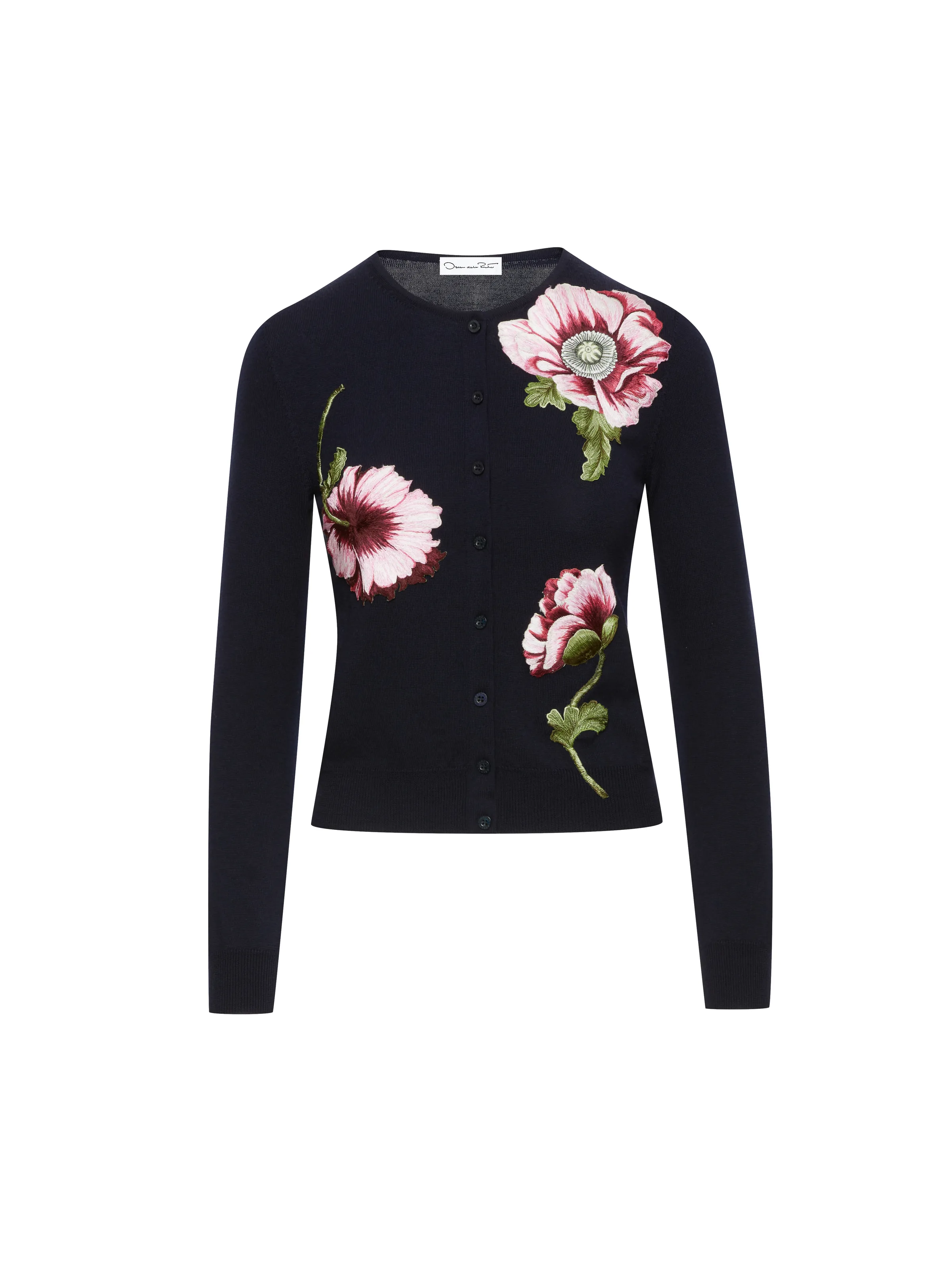 Navy knit cardigan with embroidered pink poppies on a white background, for Oscar de la Renta.