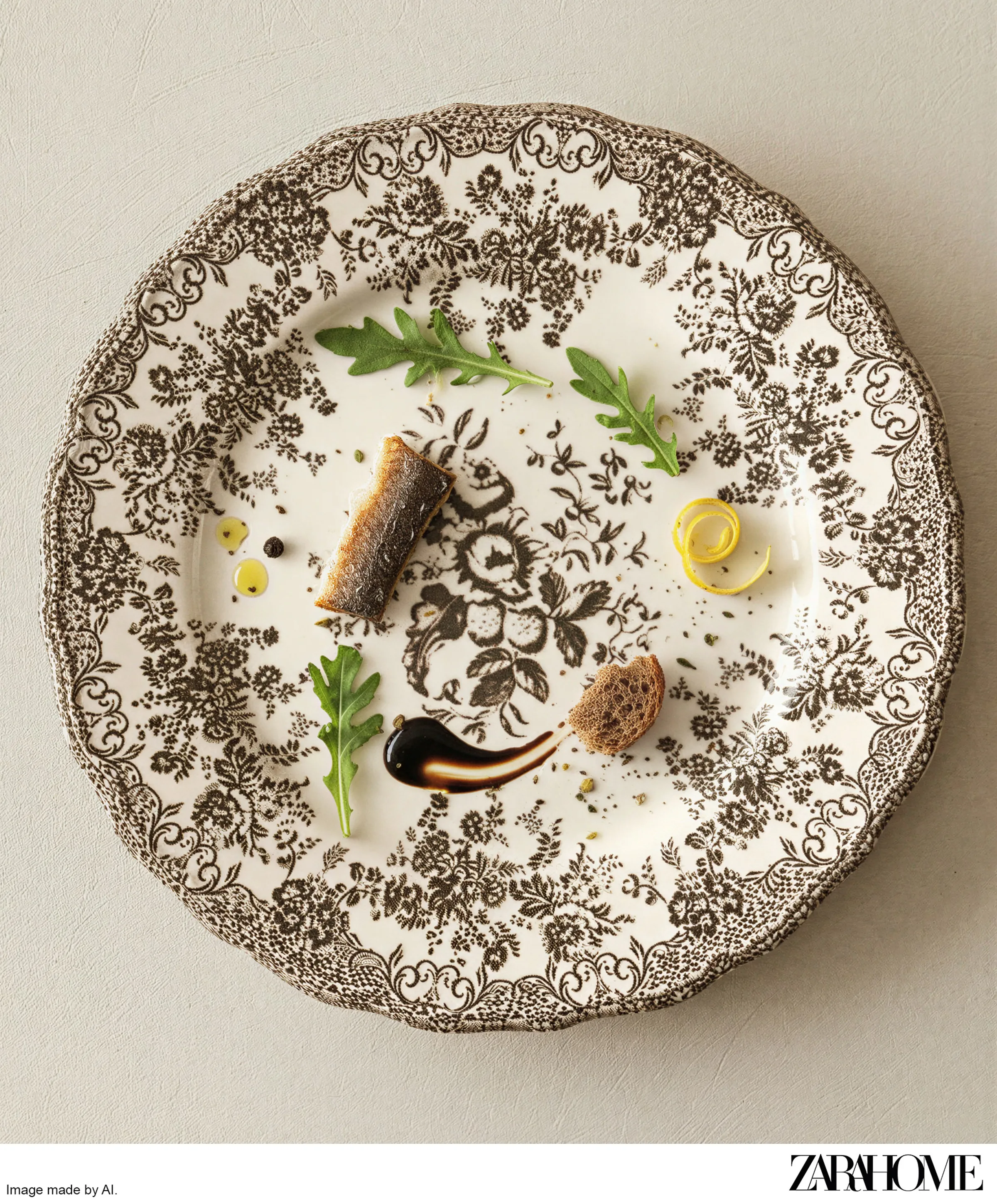 AI image of a brown floral toile plate with seared fish, arugula, lemon peel and balsamic, seen from above. Zara Home AI Concept.
