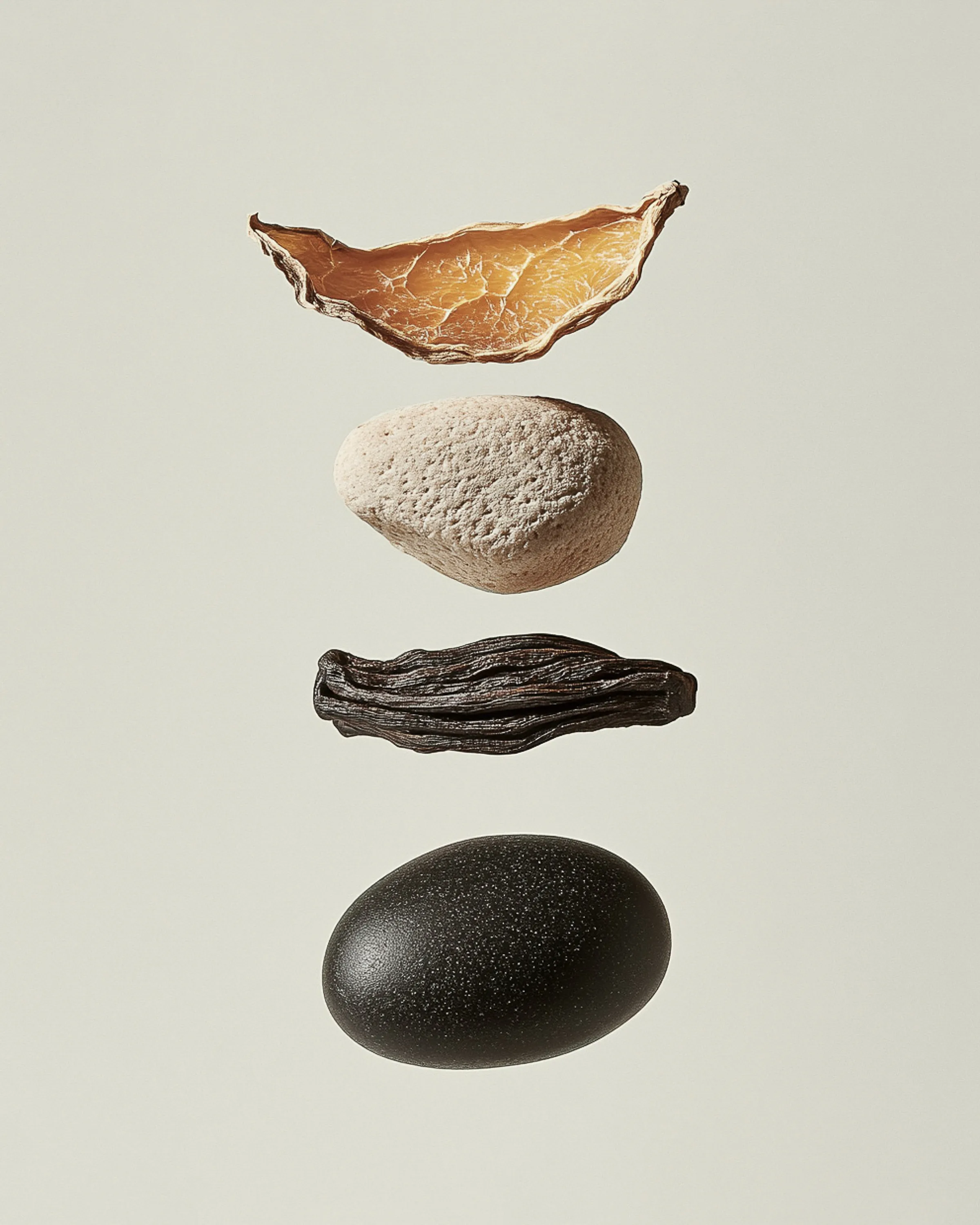 AI image of dried citrus peel, pale pumice, vanilla pod and black stone floating in a column on cream backdrop. Aesop AI Concept.