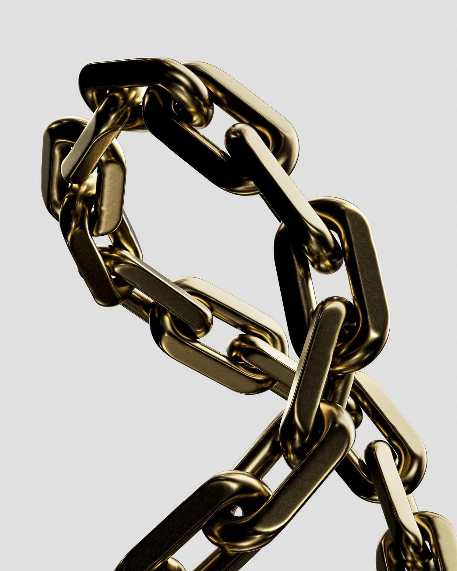 CGI render of a polished gold chain with oval links twisting against a pale grey background, for Van Cleef & Arpels.