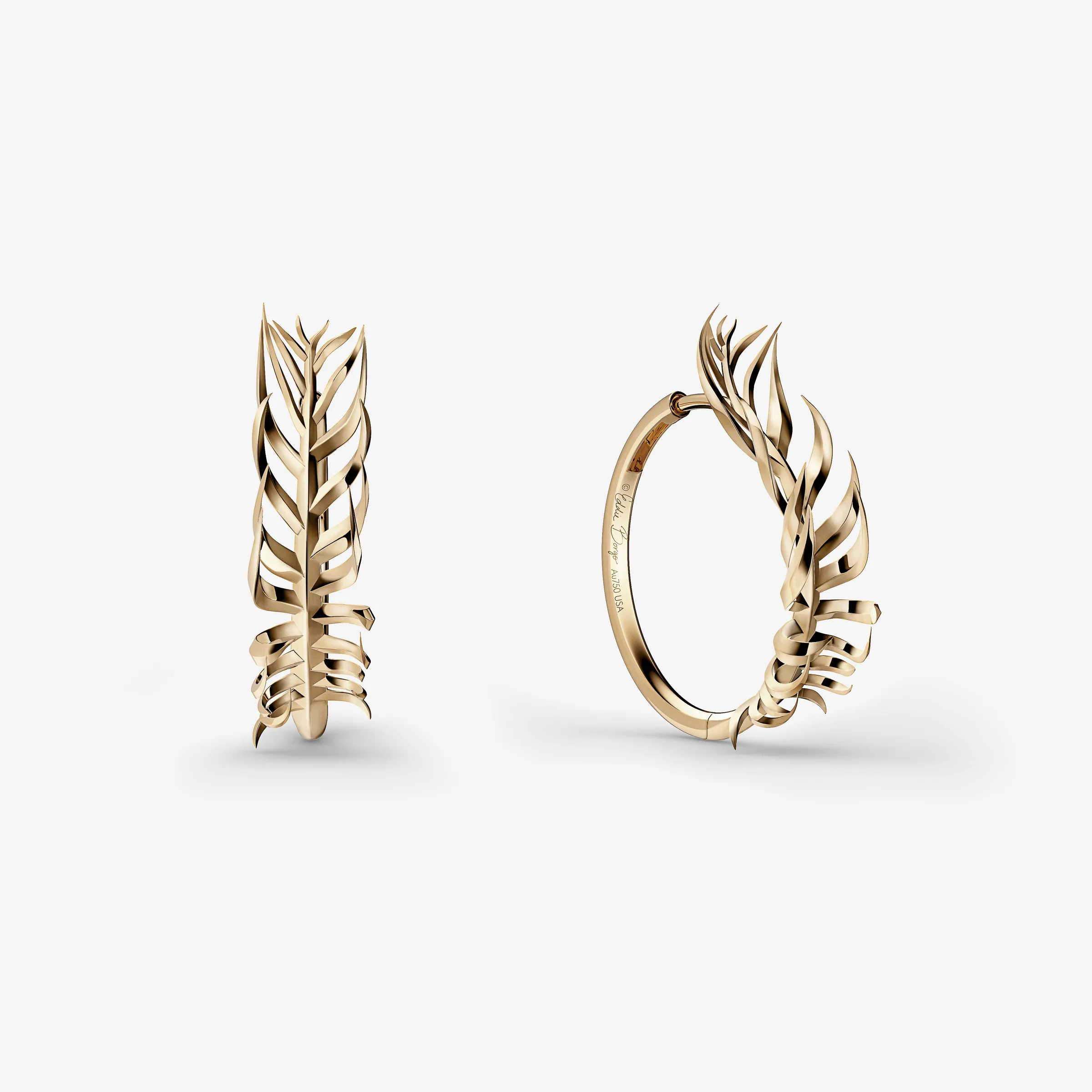CGI render of gold palm leaf hoop earrings, shown front and side on a pale grey background, for Eddie Borgo.