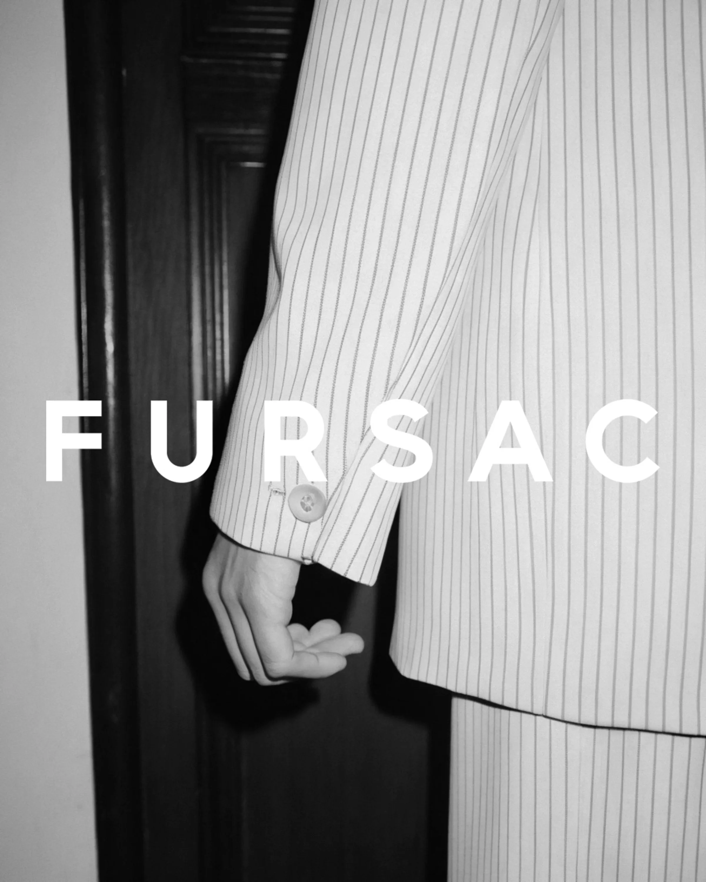 AI image in black and white of a white pinstripe suit sleeve and hand beside a dark door, with FURSAC title. Fursac AI Concept.