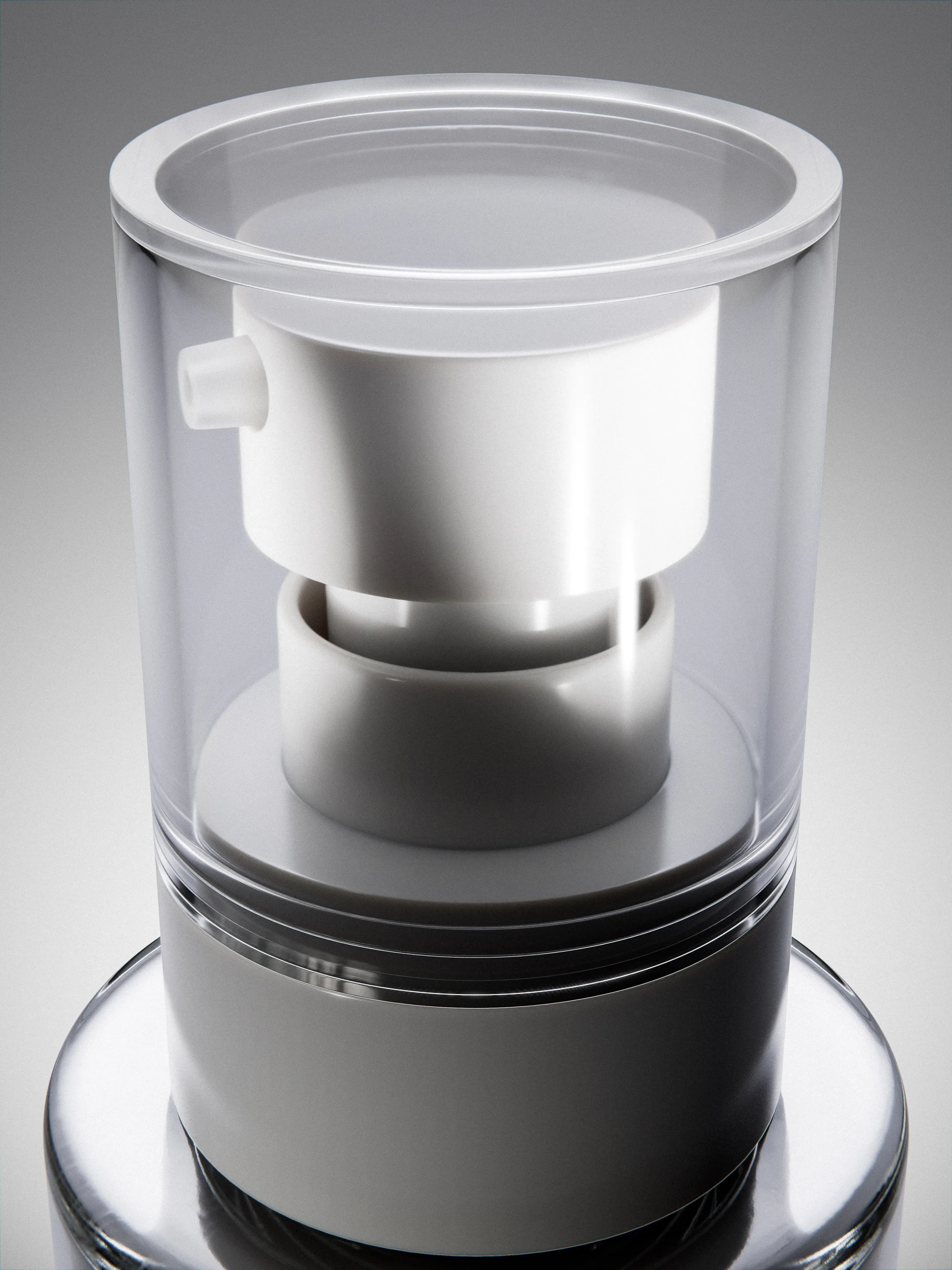 CGI render of a white pump dispenser inside a clear acrylic cap on a glass bottle, grey backdrop, for Bang Bang.