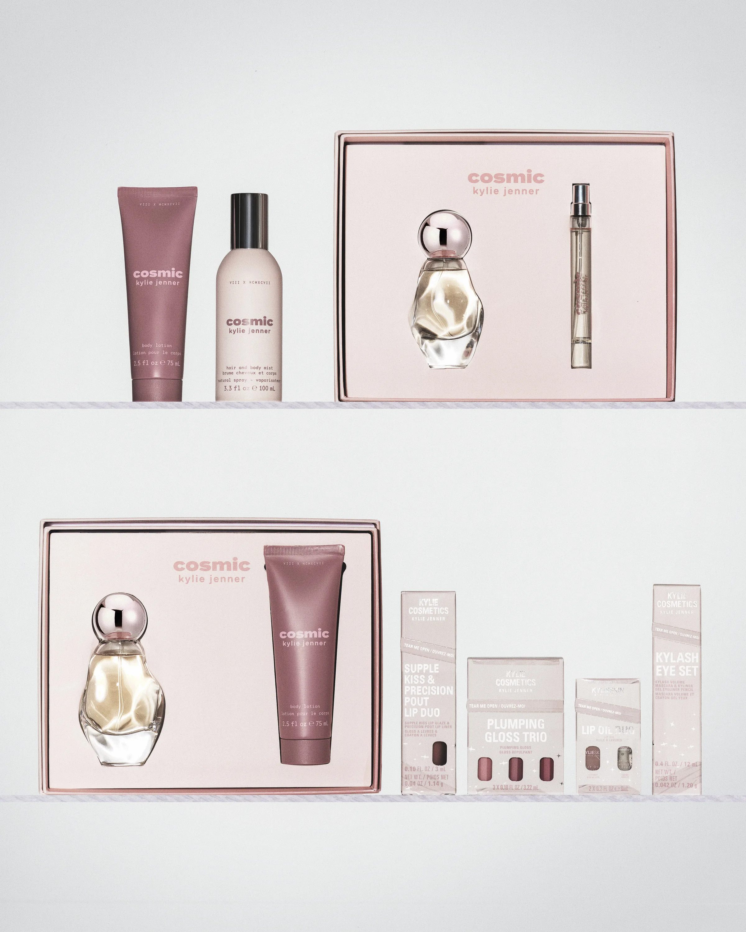 Cosmic perfume gift sets, body lotion and lip and lash kits on pale pink shelves, for Kylie Cosmetics.