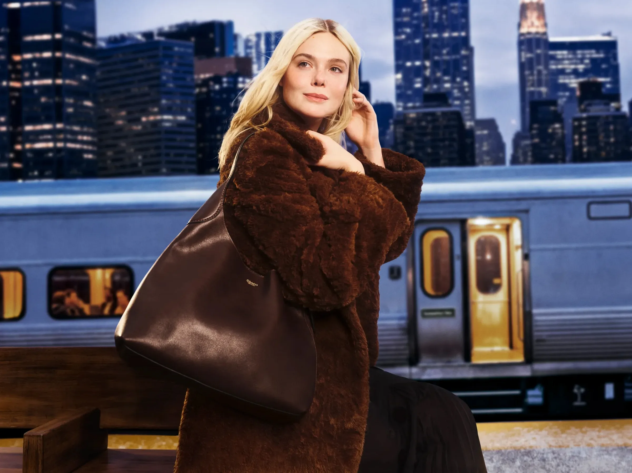 AI image of a blonde model in a brown faux fur coat with a leather shoulder bag on a city subway platform, for Coach.