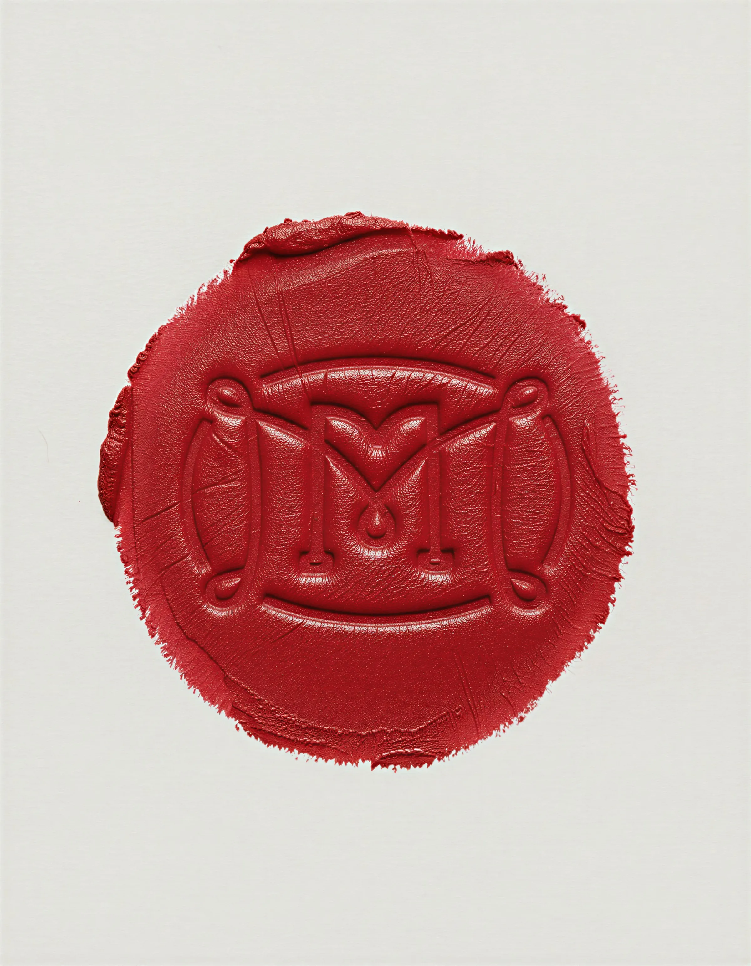 AI image of a round red lipstick swatch embossed with an ornate M monogram on off-white paper. Merit Beauty AI Concept.