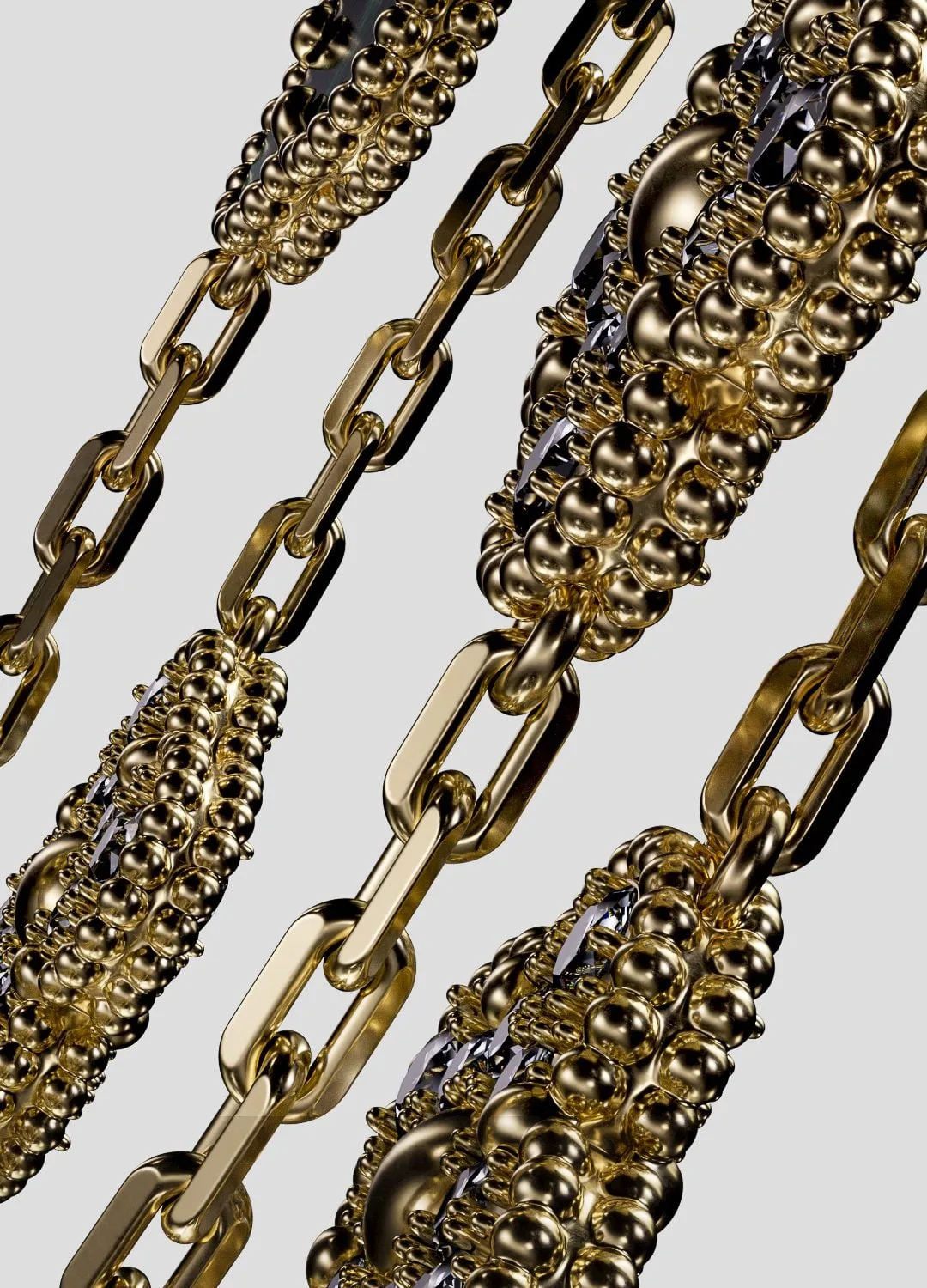 CGI render of gold chain links with beaded gold clusters and dark stones on a pale grey background, for Van Cleef & Arpels.