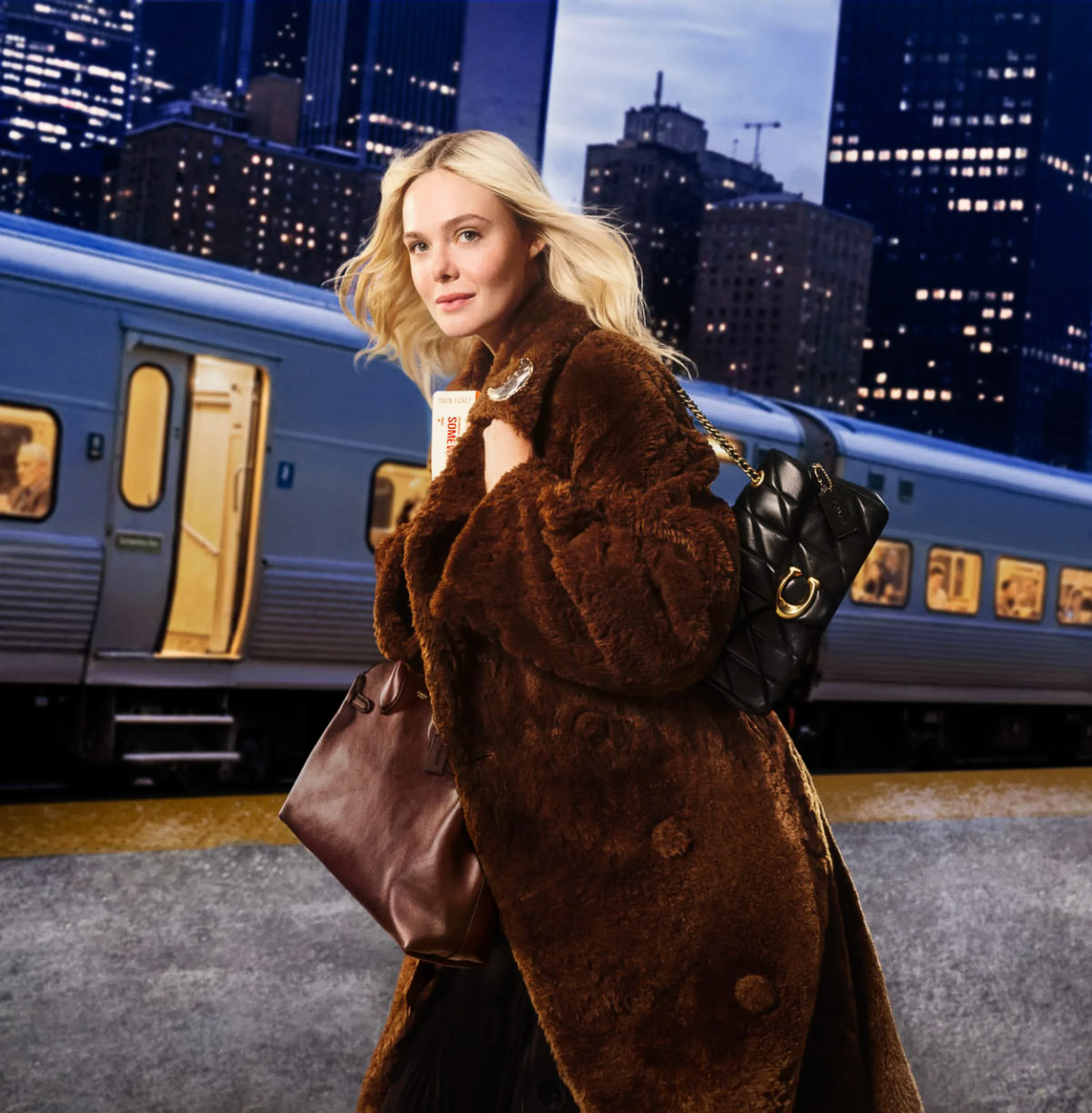 AI image of a blonde woman in a brown shearling coat with quilted black and brown leather bags on a night train platform, for Coach.