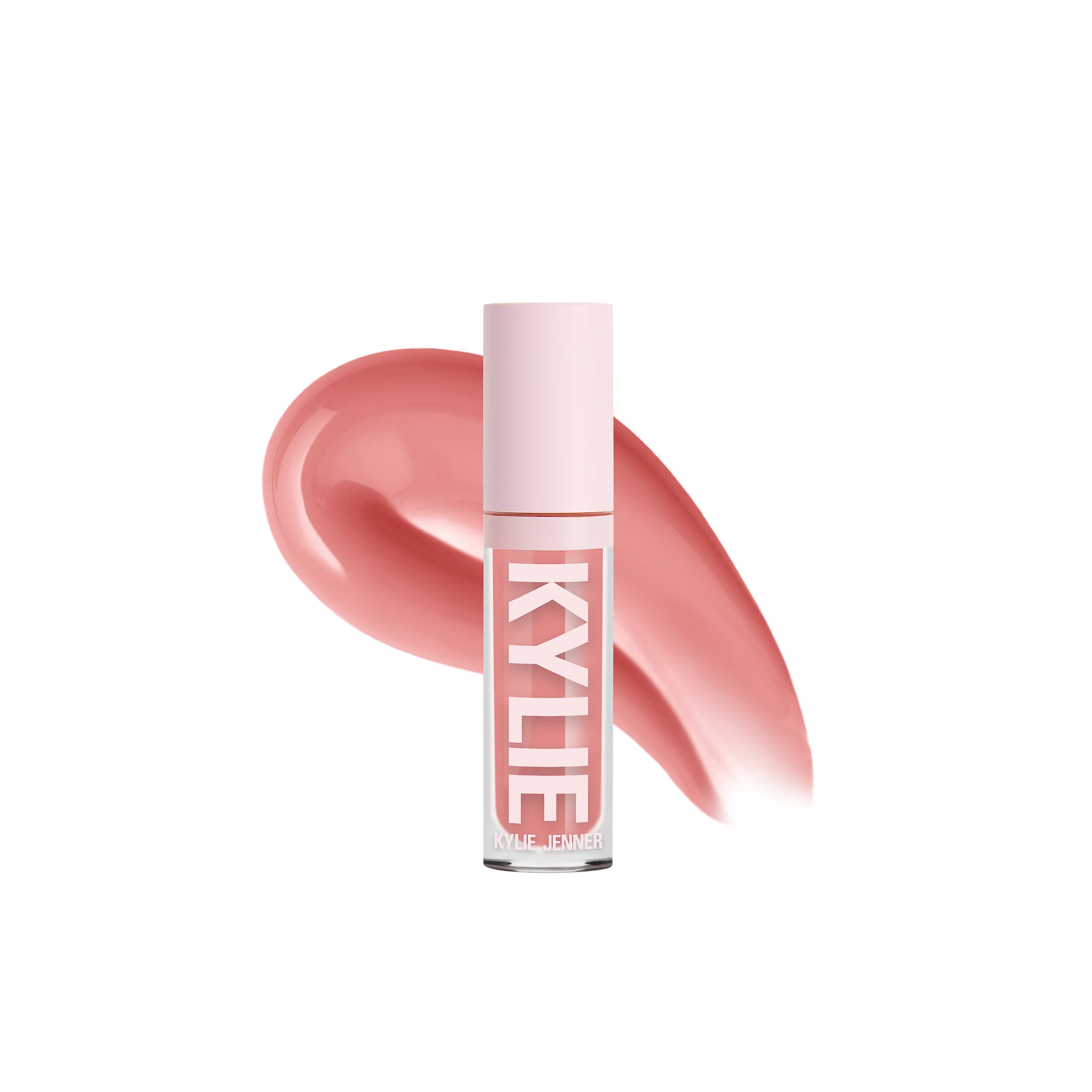 Pink lip gloss tube with a glossy swatch smeared behind it on a white background, for Kylie Cosmetics.