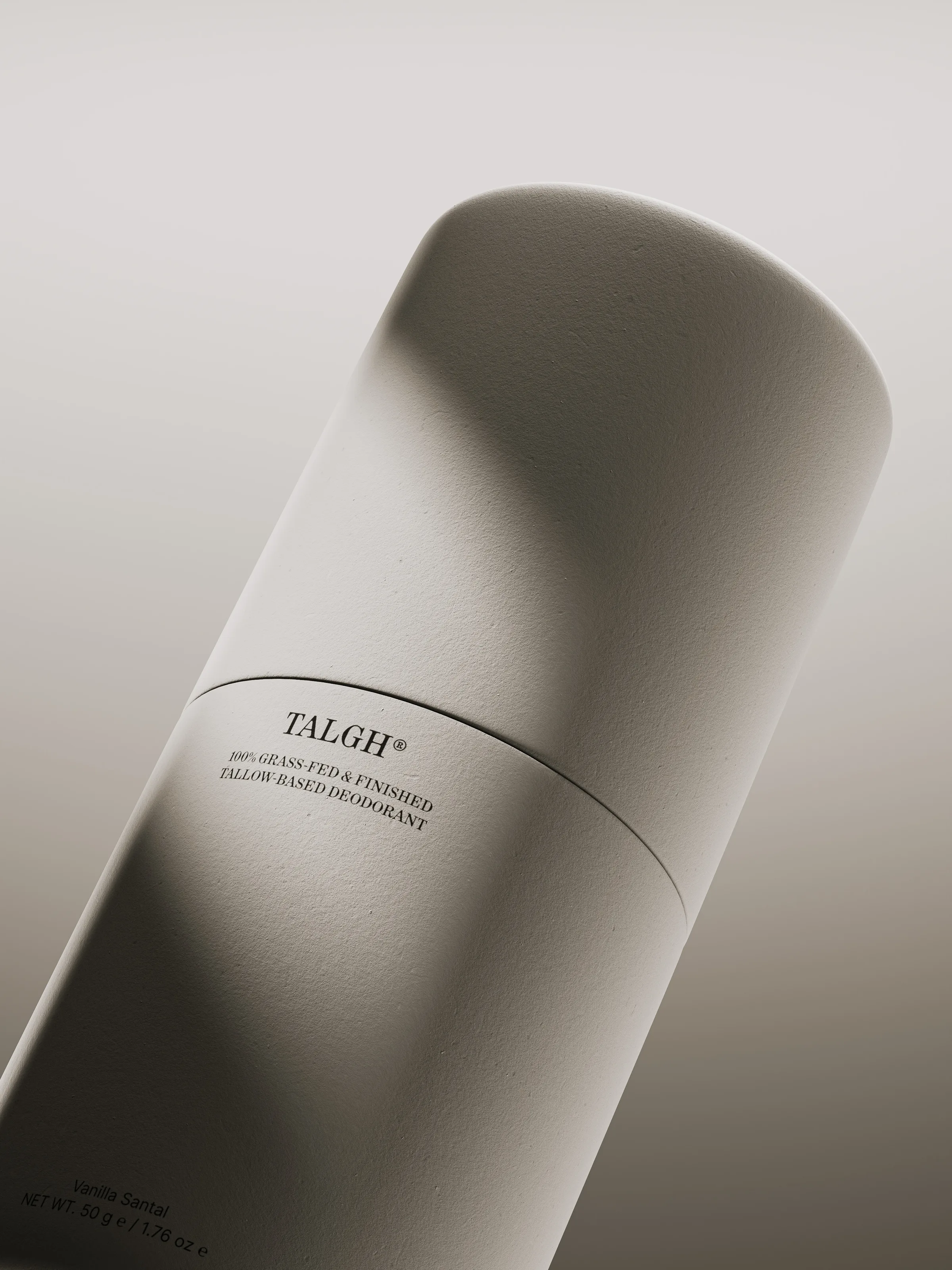 CGI render of a white paper deodorant tube, tilted under soft leaf-like shadows on a grey backdrop, for Talgh.