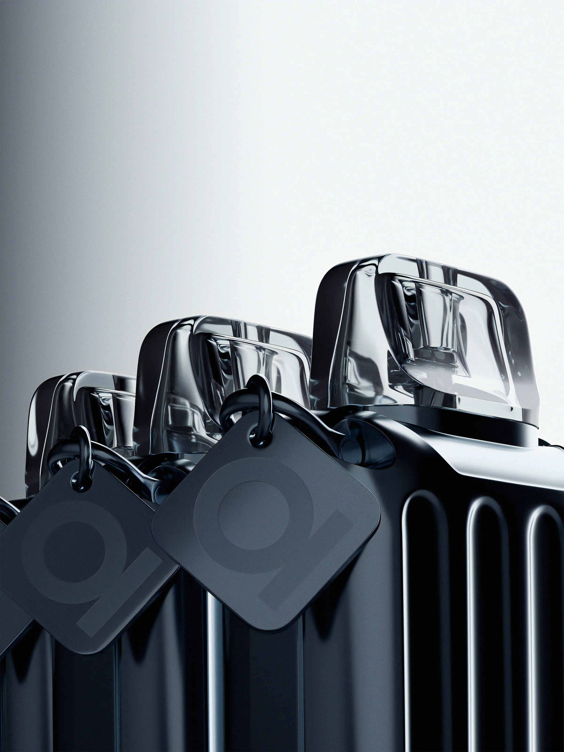 CGI render of dark ribbed vape devices with clear mouthpieces and square logo tags on a grey gradient, for Rill.