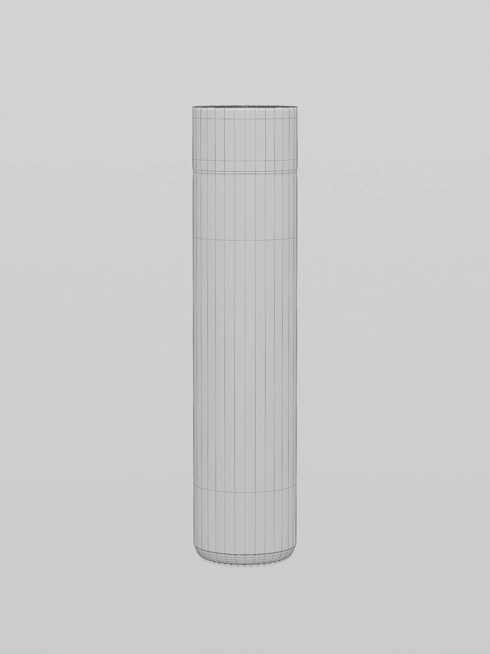 CGI wireframe render of a tall cylindrical water bottle on a light grey background, for VOSS.