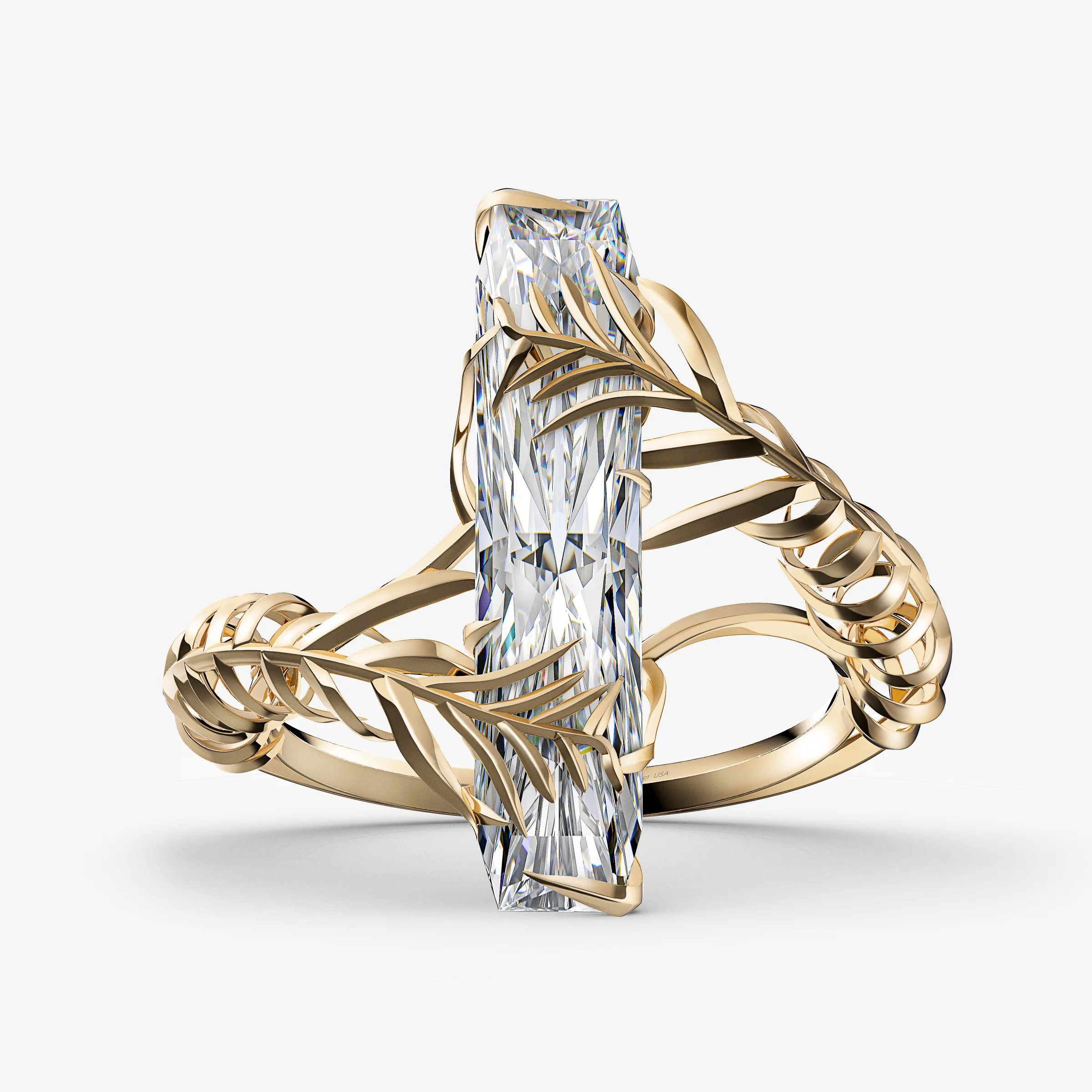 CGI render of a gold ring with leaf-wrapped band around a long baguette-cut diamond, on a pale grey backdrop, for Eddie Borgo.