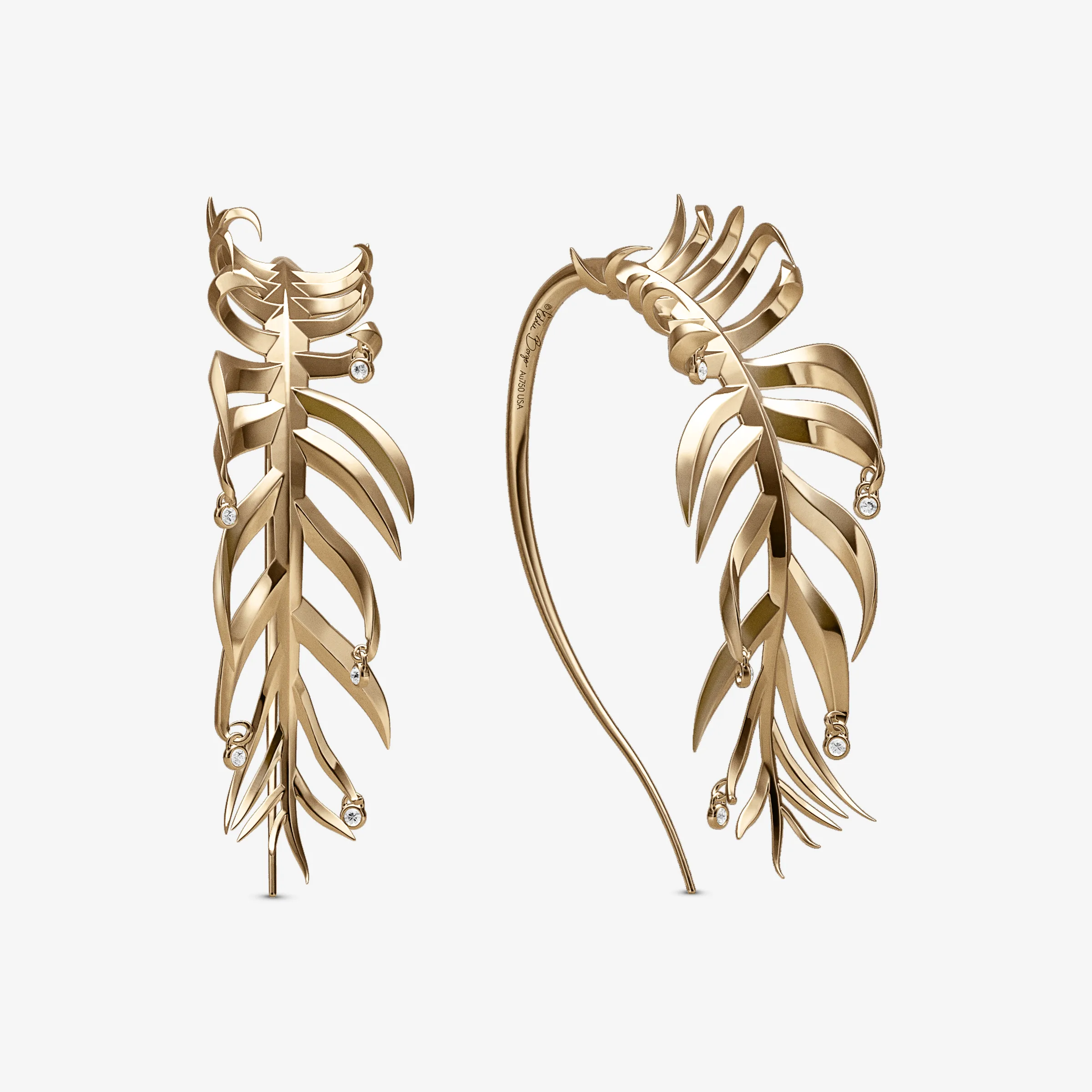 CGI render of gold palm leaf earrings with small set diamonds on a light grey background, for Eddie Borgo.