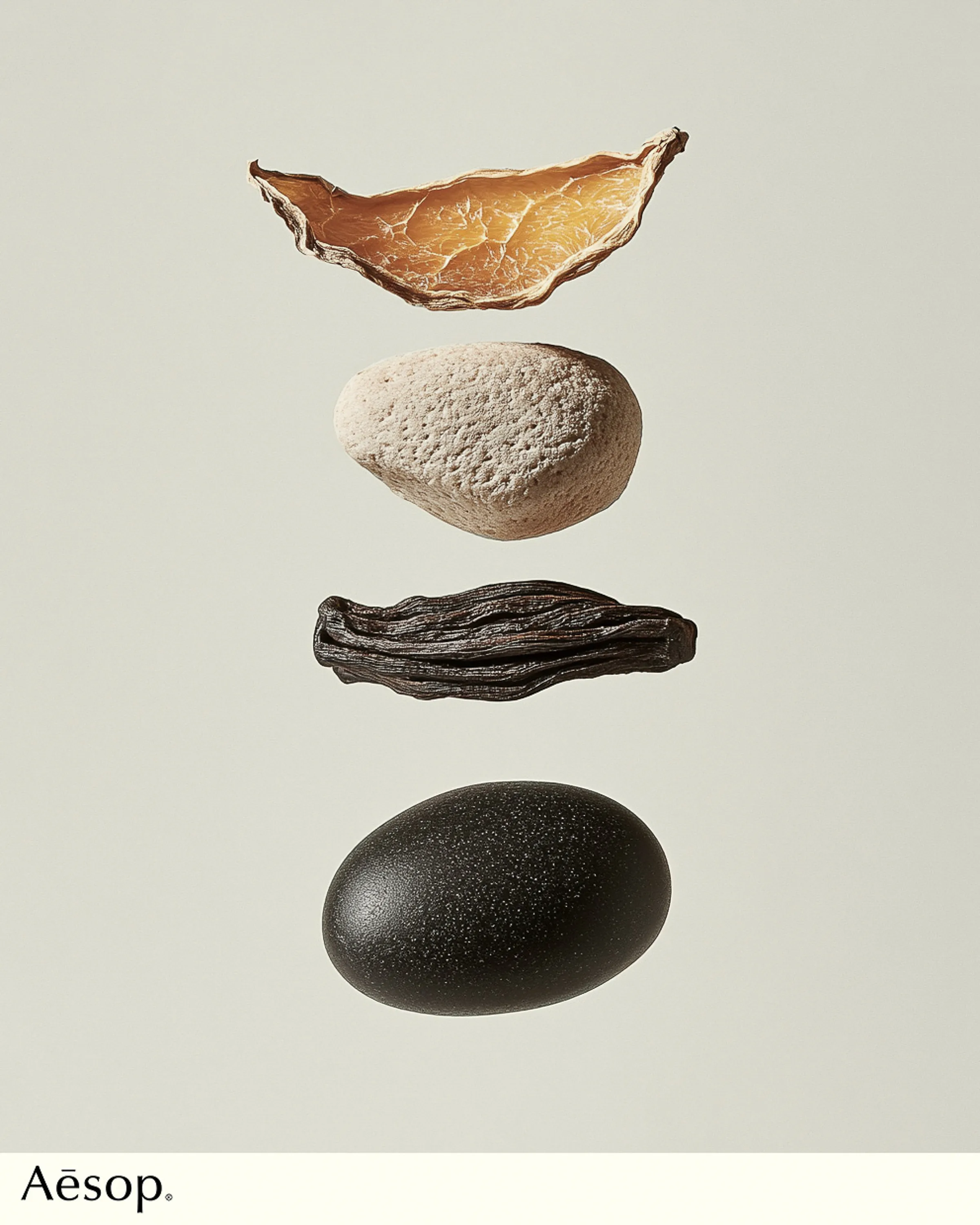 AI image of dried citrus peel, pale stone, vanilla pod and black pebble floating in a vertical stack. Aesop AI Concept.