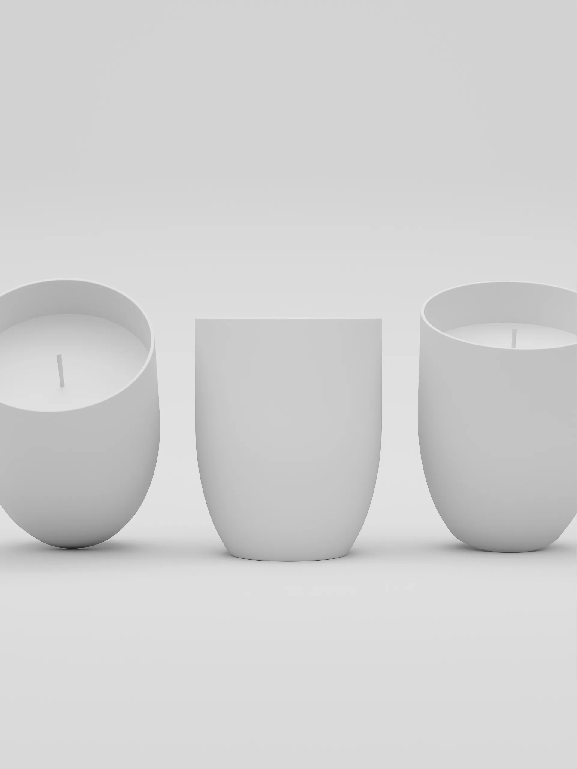 CGI render of three matte white candle vessels, two showing wicks, on a pale grey background, for Aesop.