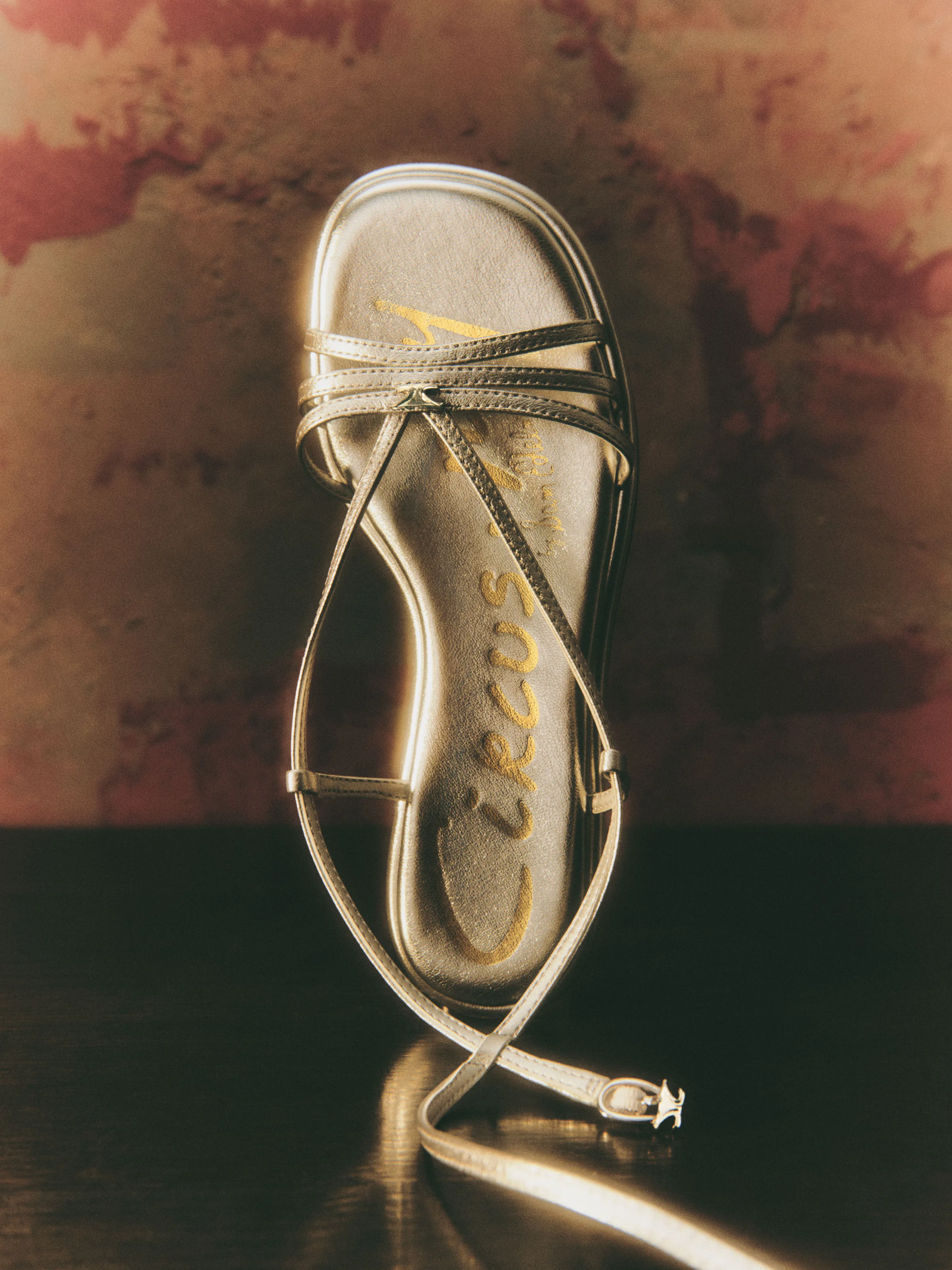 Soft silver strappy Olana sandal standing upright against a mottled red wall on a dark glossy surface, for Circus NY.