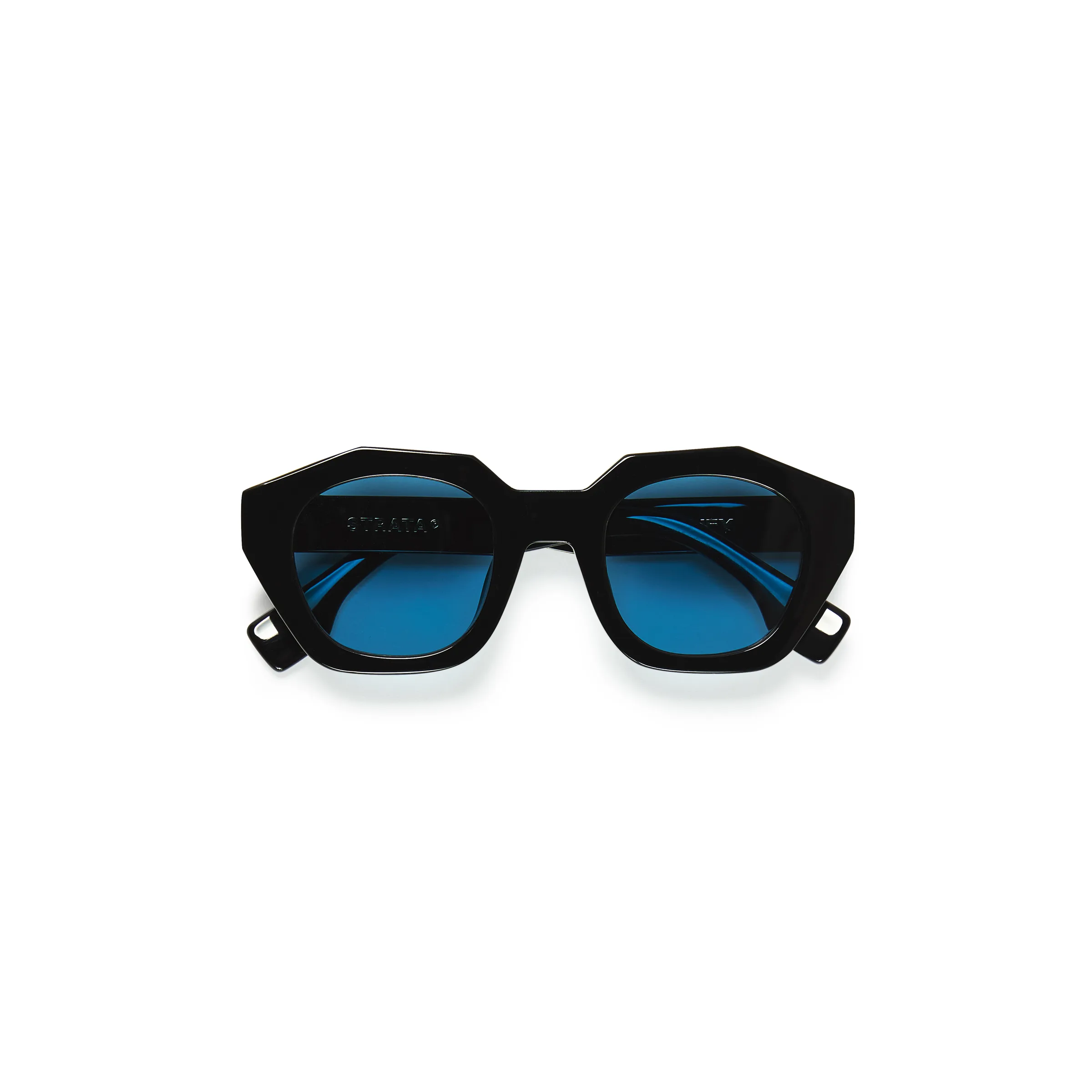 Black geometric acetate sunglasses with blue lenses, folded flat on a white background, for Strata.
