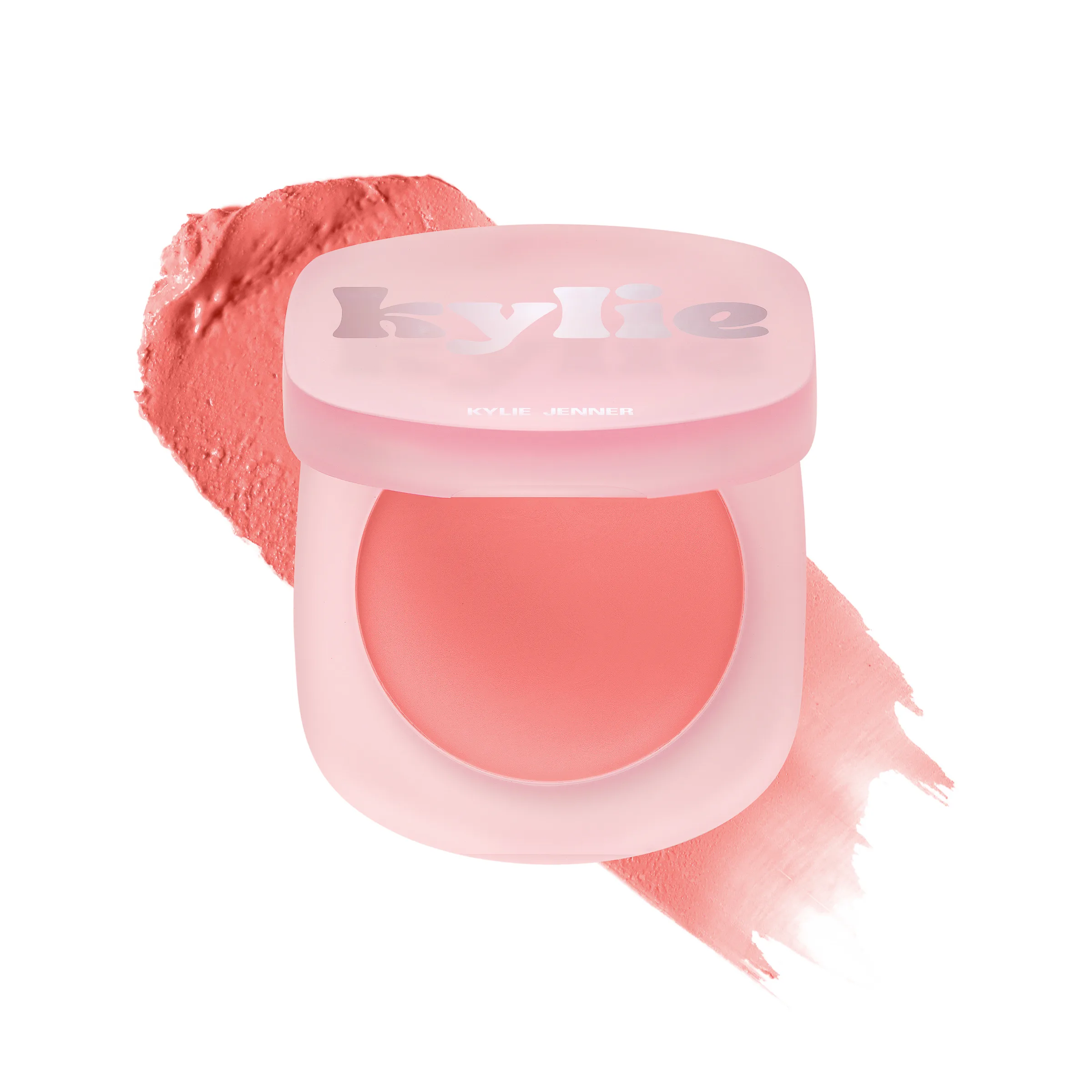 Open frosted pink cream blush compact with a coral product swatch on a white background, for Kylie Cosmetics.