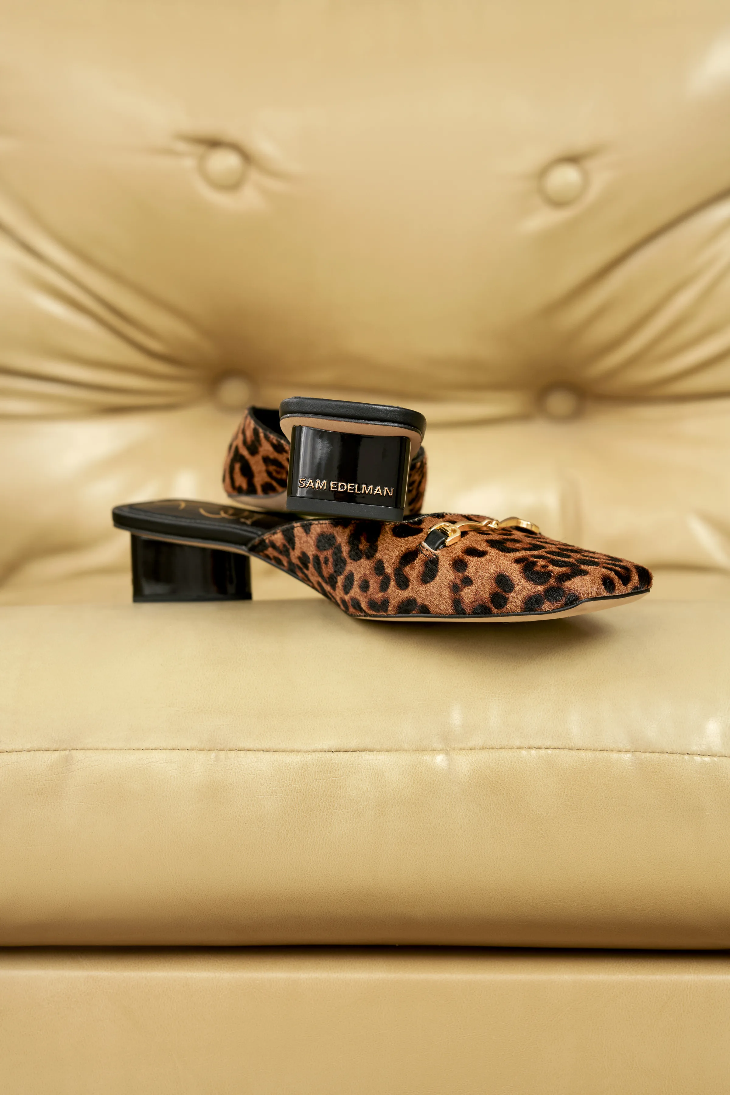 Leopard print calf hair mules with black block heels and gold horsebit, on a tan leather tufted sofa, for Sam Edelman.