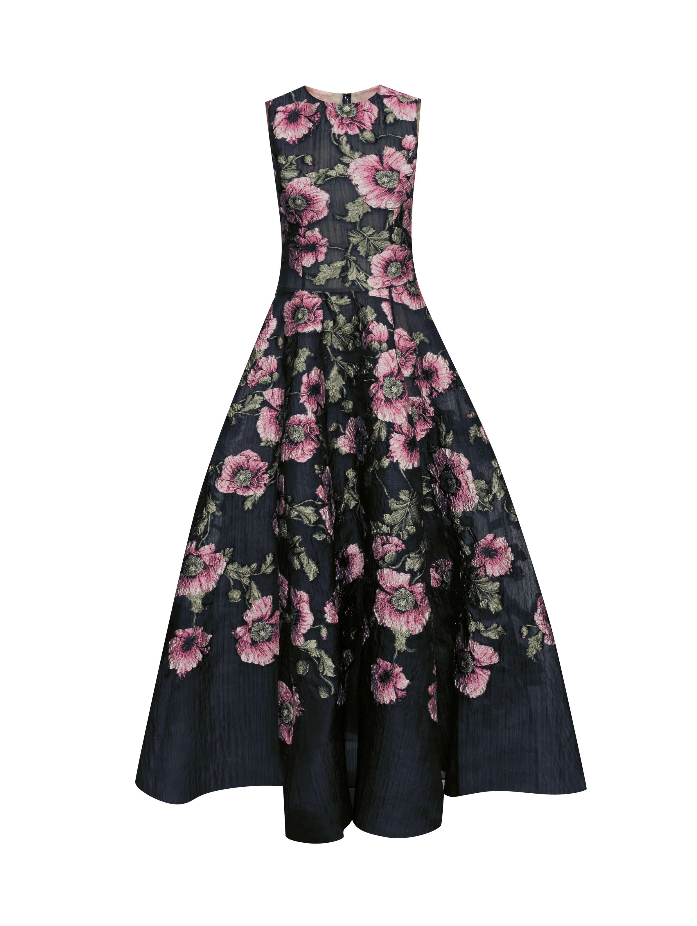 Sleeveless navy gown with pink poppy embroidery and a full A-line skirt on a white background, for Oscar de la Renta.