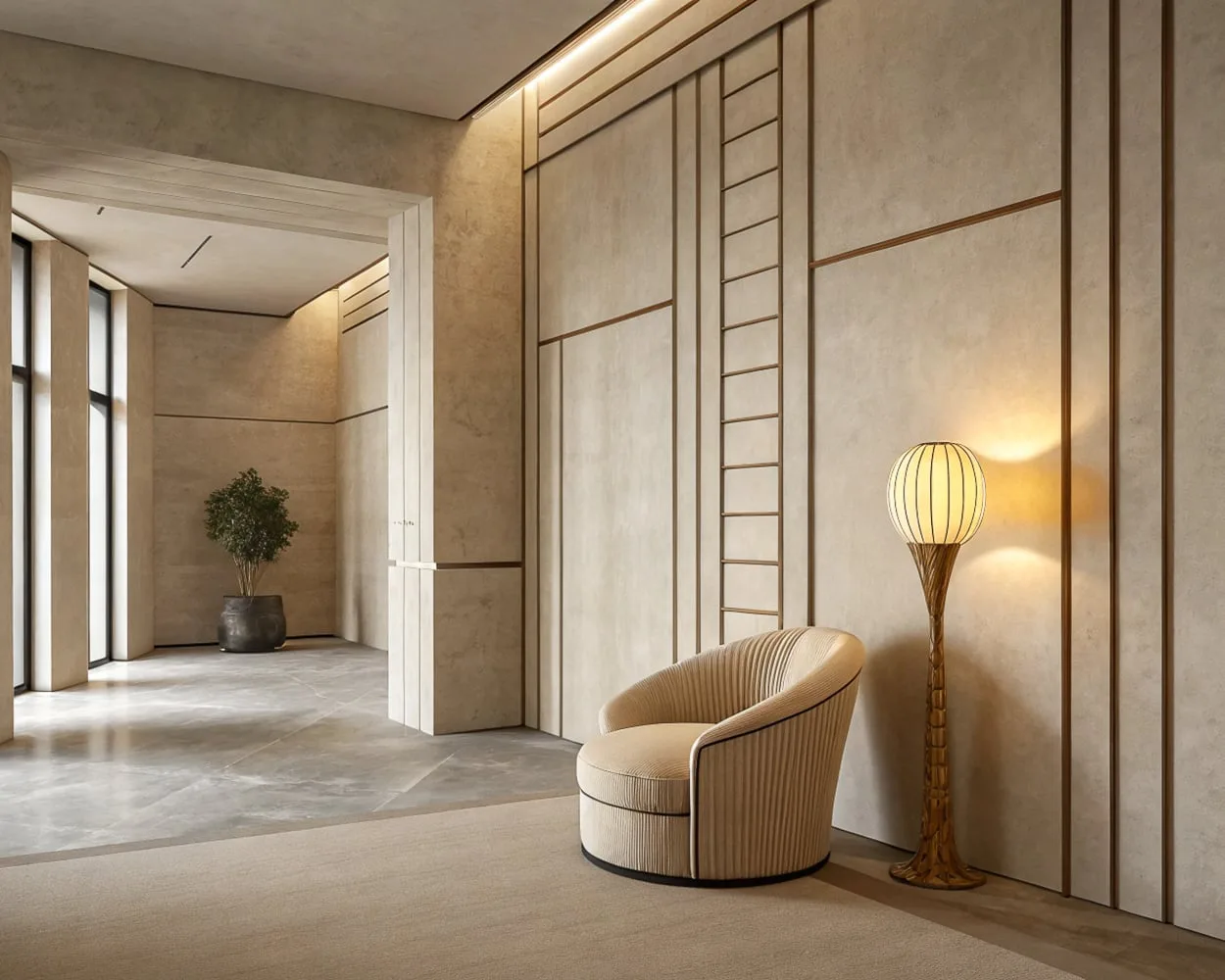 AI image of a limestone-panelled lobby with a cream curved armchair, glowing globe floor lamp and potted tree. AI Concept.