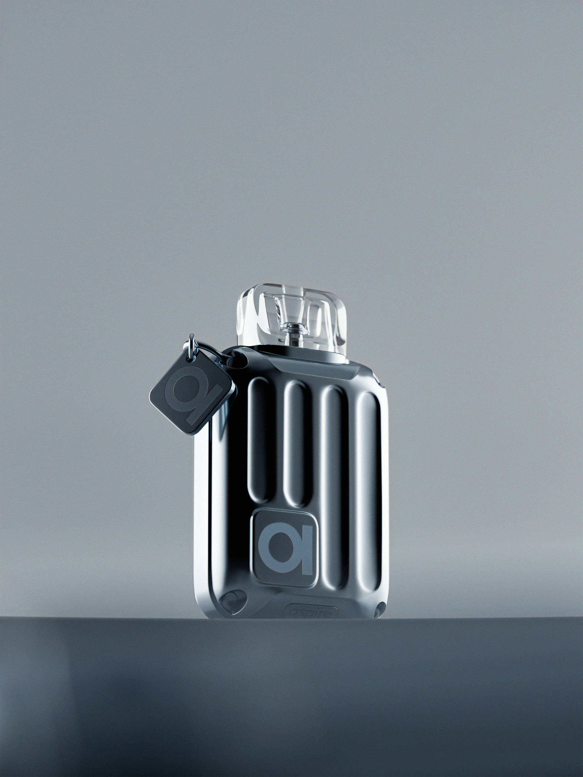 CGI render of a ribbed chrome bottle with clear cap and hanging logo tag on a grey ledge, for Rill.