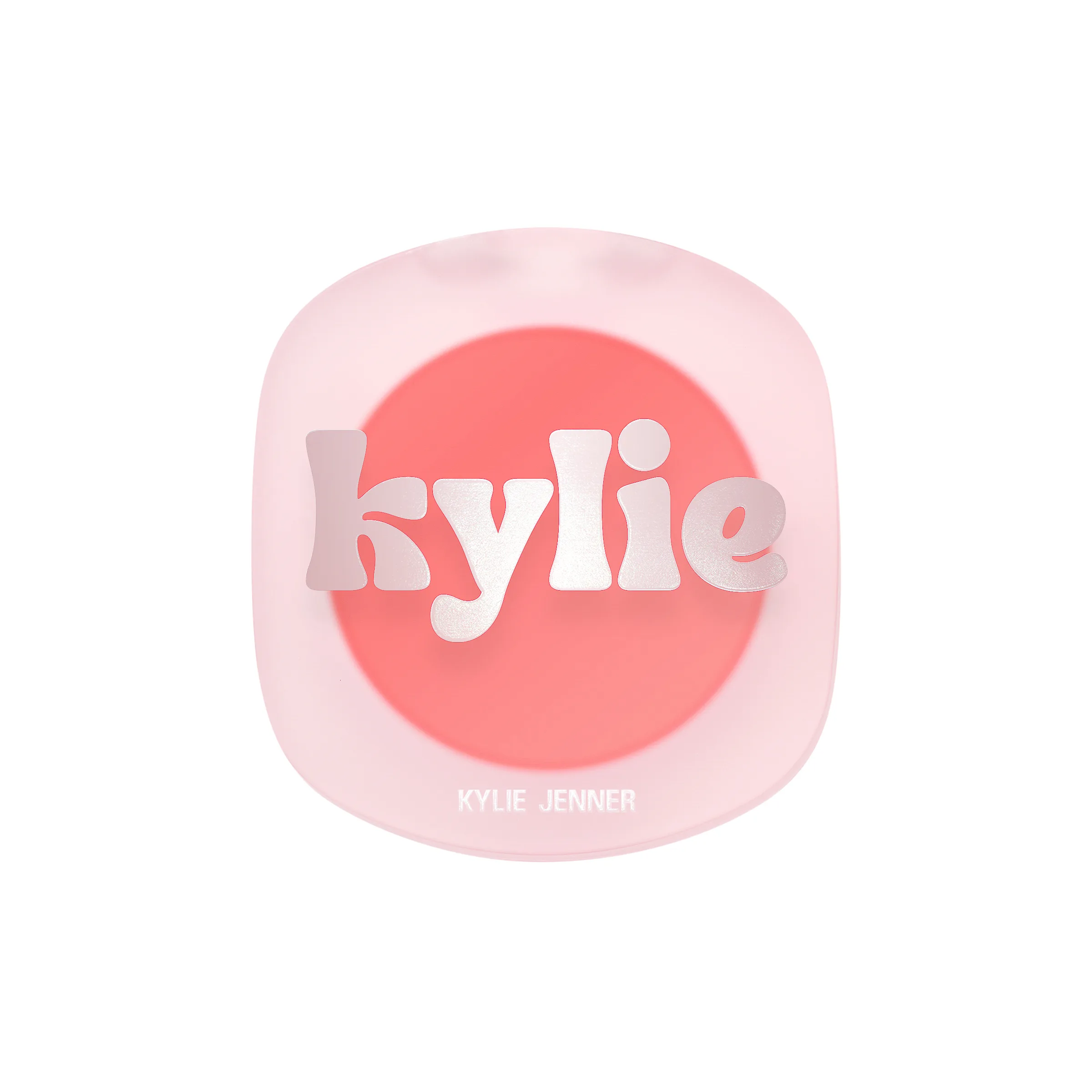 Frosted pink blush compact with coral pan and metallic kylie logo on a white background, for Kylie Cosmetics.