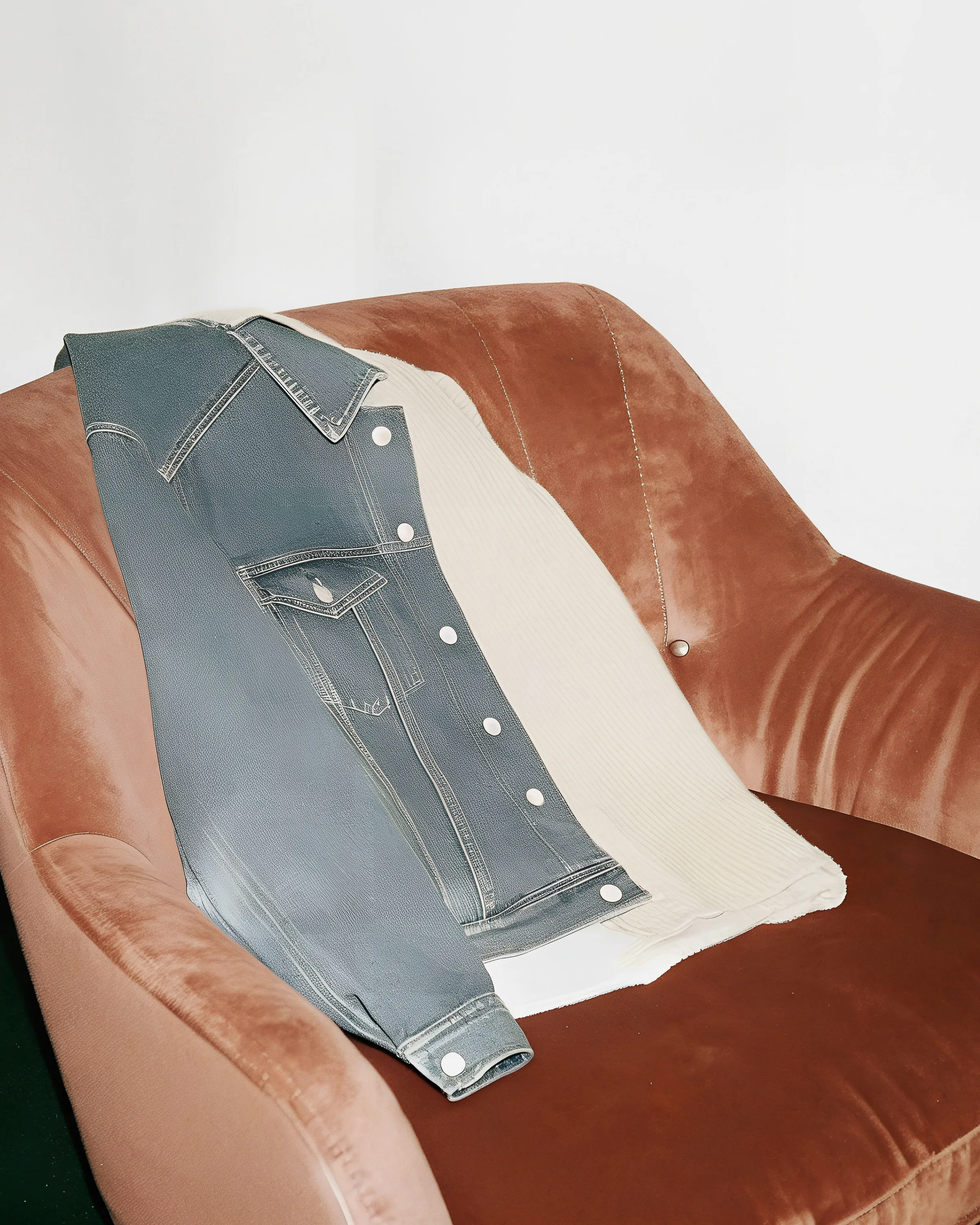 Grey denim jacket and cream ribbed knit draped over a rust velvet armchair. Massimo Dutti AI Concept.