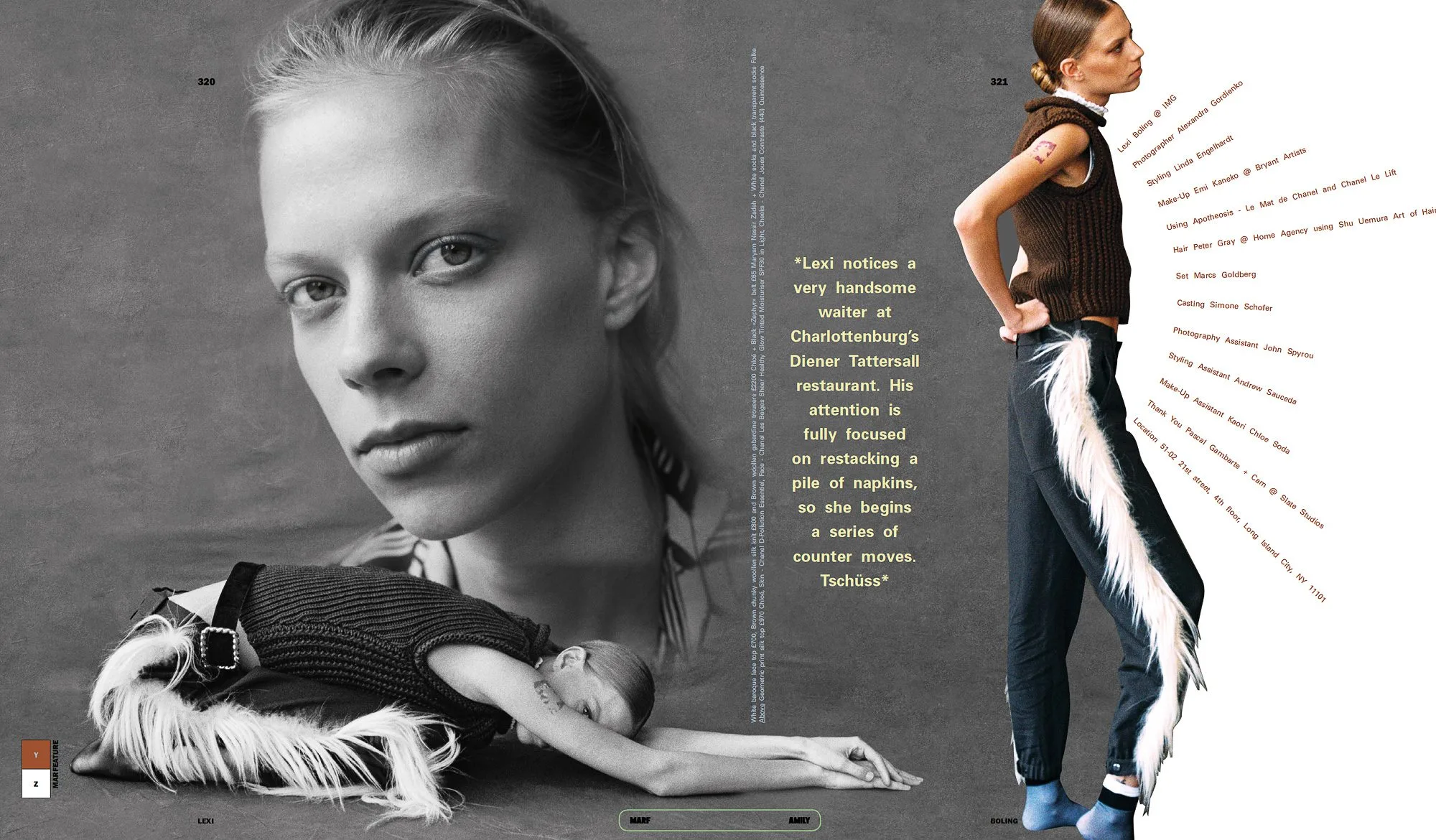 Magazine spread of a model in a knit vest and trousers trimmed with white fur, in black-and-white and colour, for Marfa Journal.