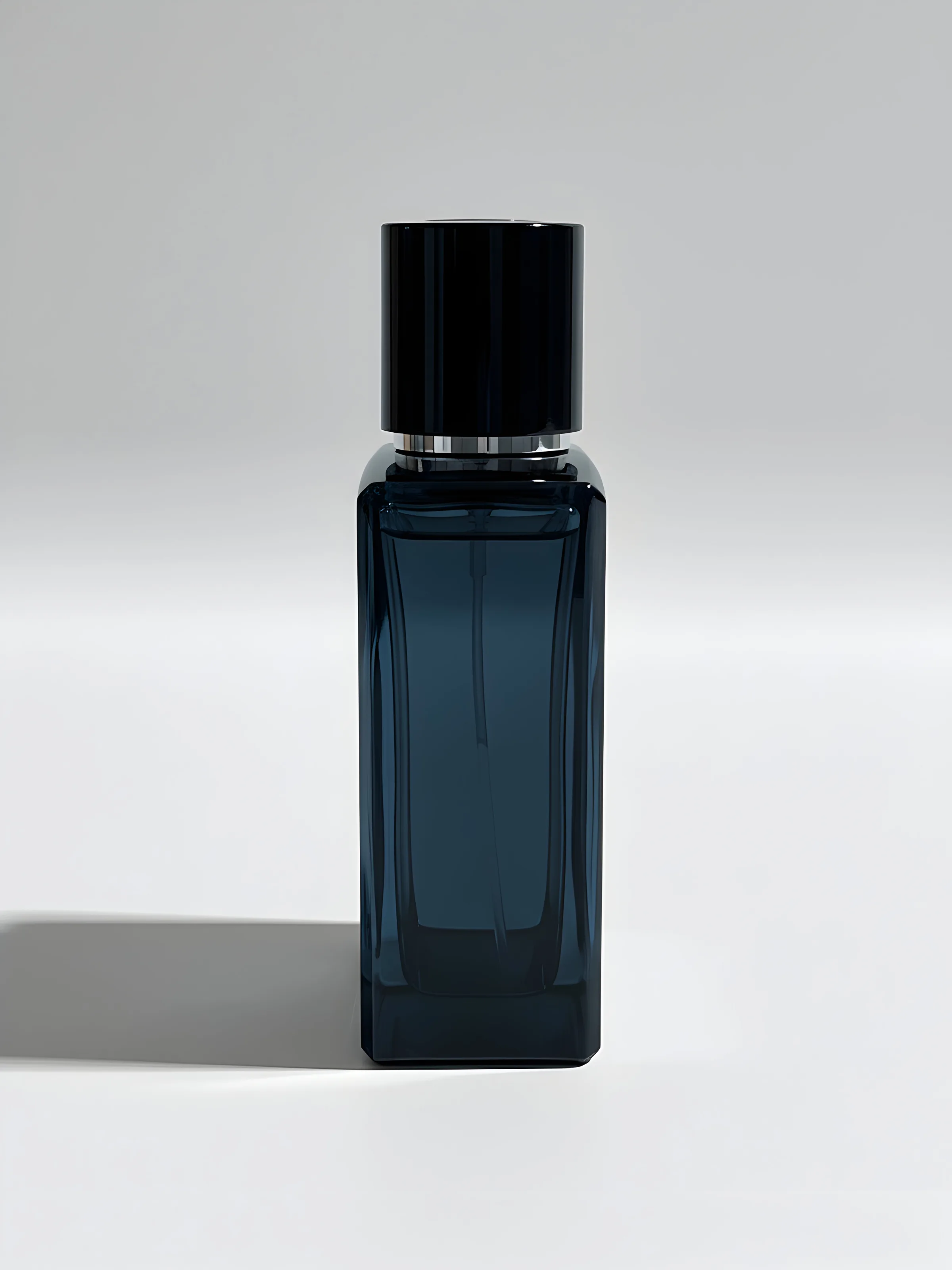 AI image of a navy glass perfume bottle with a black cap on a pale grey background, casting a soft shadow. Chanel AI Concept.