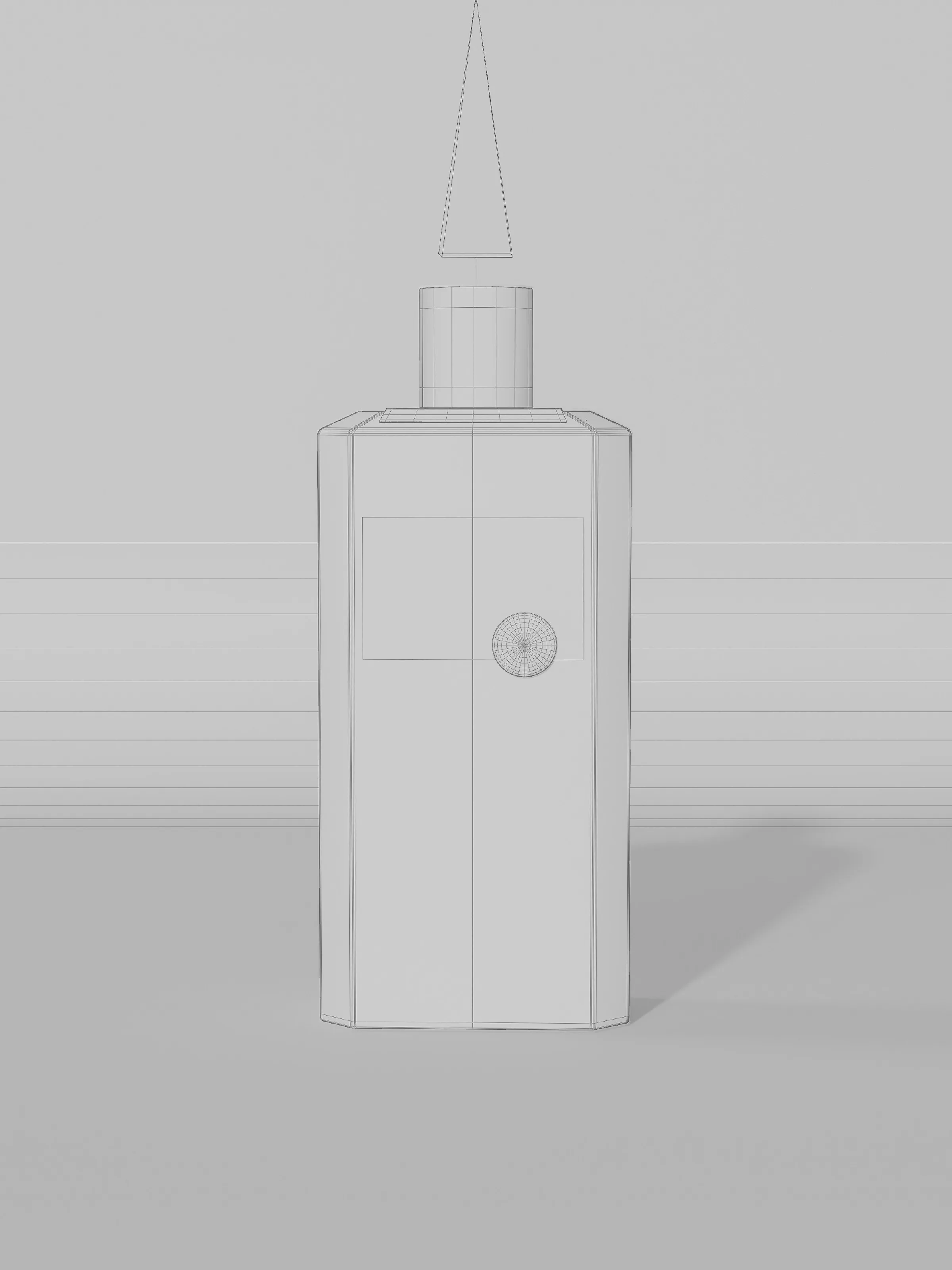CGI wireframe render of an untextured octagonal gin bottle with spire stopper on a grey set, for Seventy One Gin.