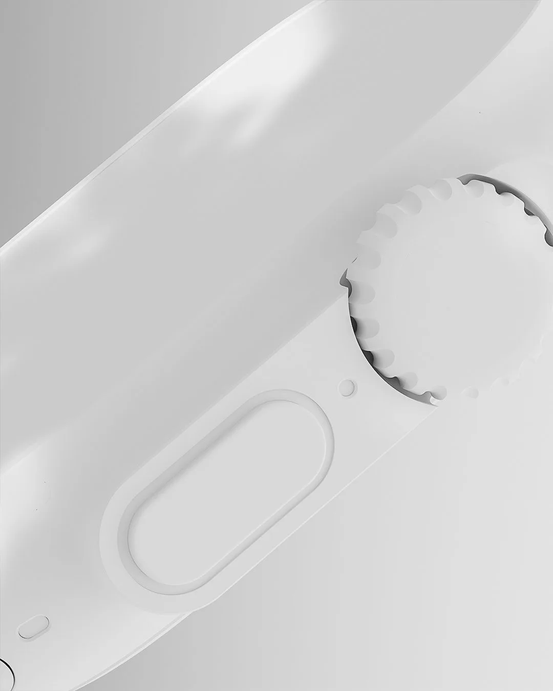 CGI render of an all-white smartwatch close-up showing the ridged digital crown and side button, for Apple.