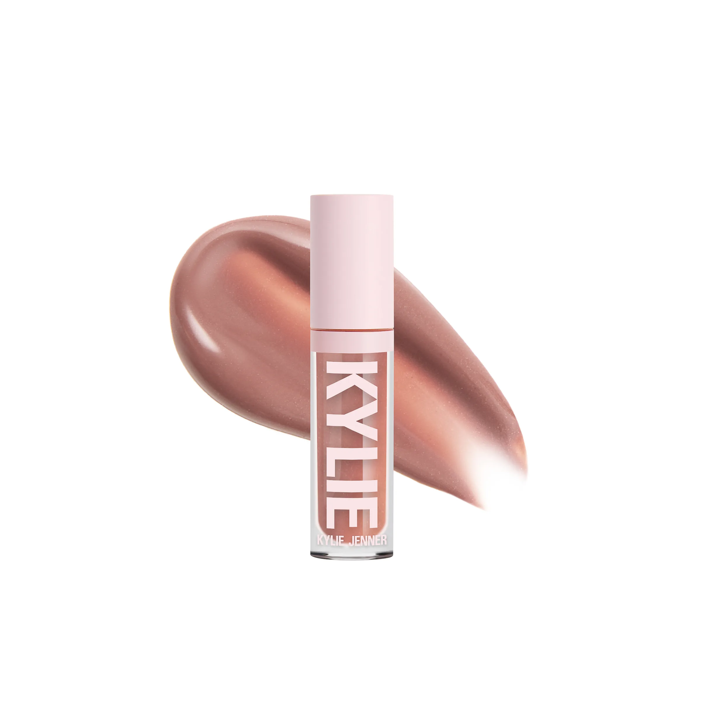 Pink-capped nude lip gloss tube in front of a shimmering rose-brown swatch on white, for Kylie Cosmetics.
